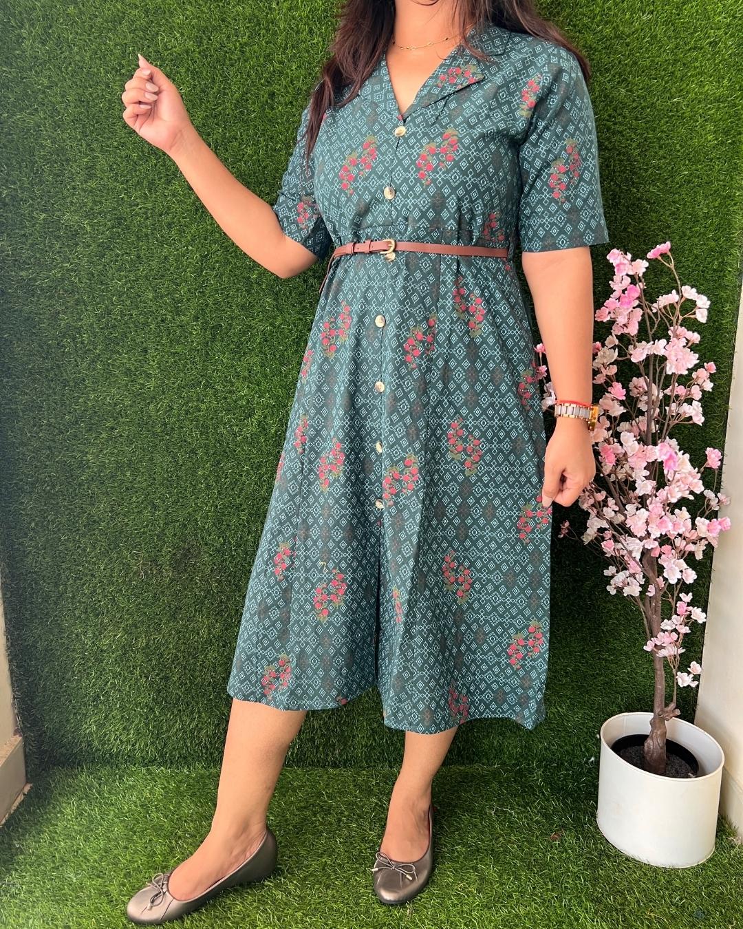 Amara cotton Short Dress with Belt Green - The Jaipur Studio