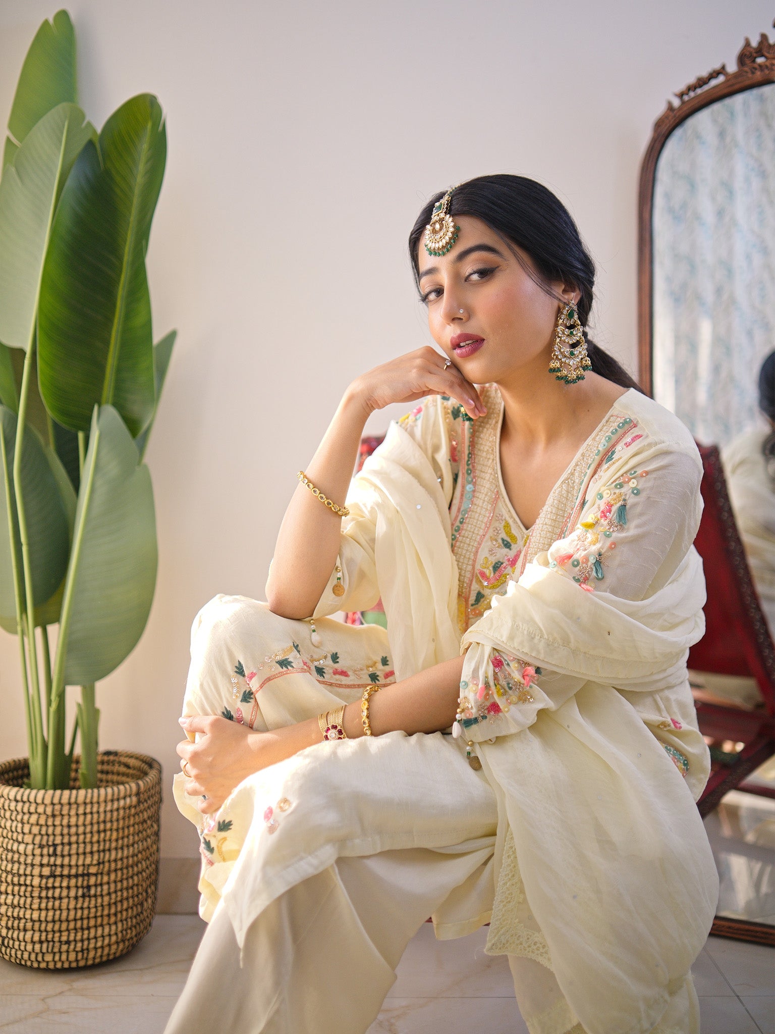 Sia offwhite Silk Festive HandEmbroidered Pant Set