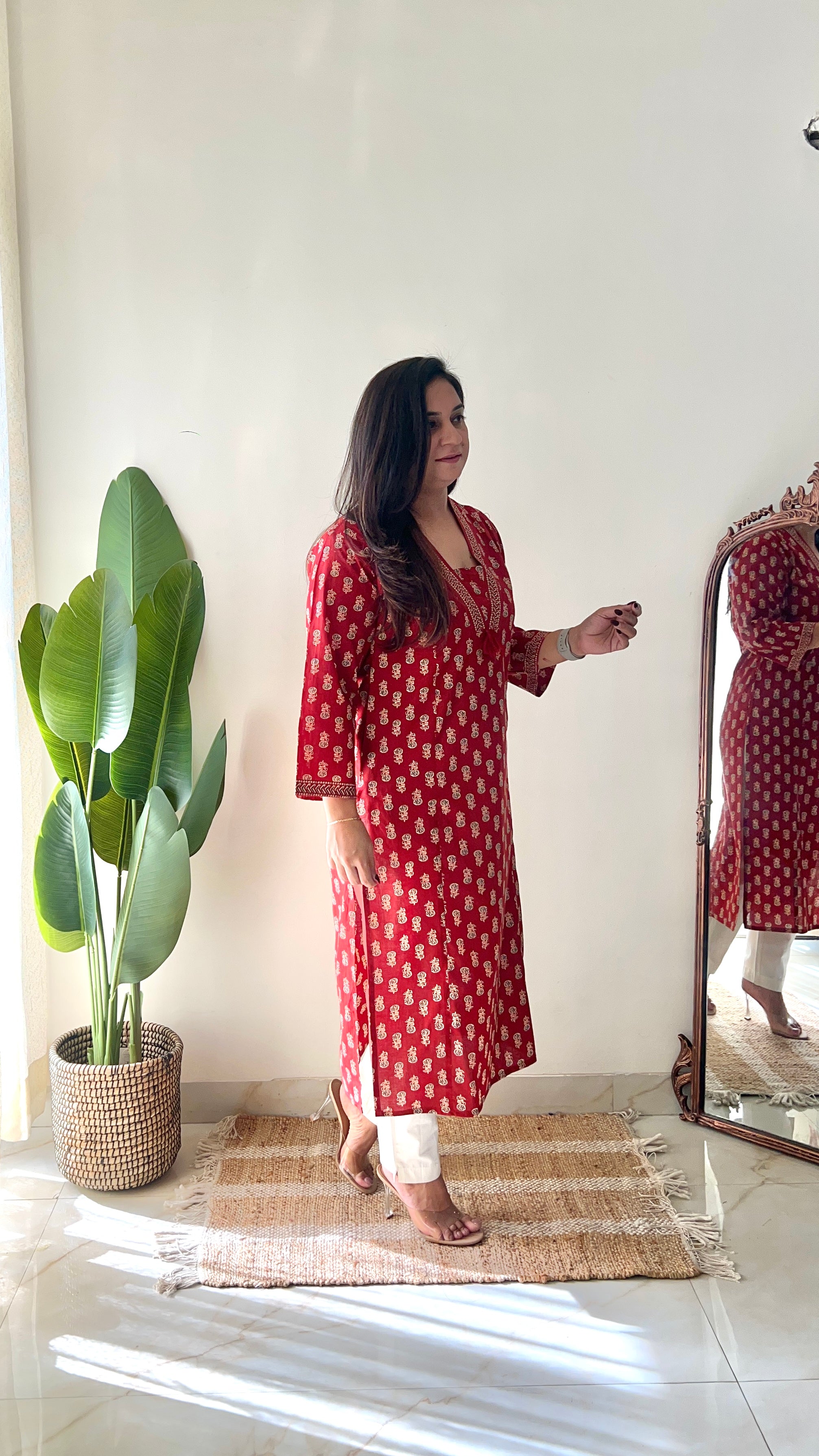 Red Ajrakh Casual Cotton Straight Kurta