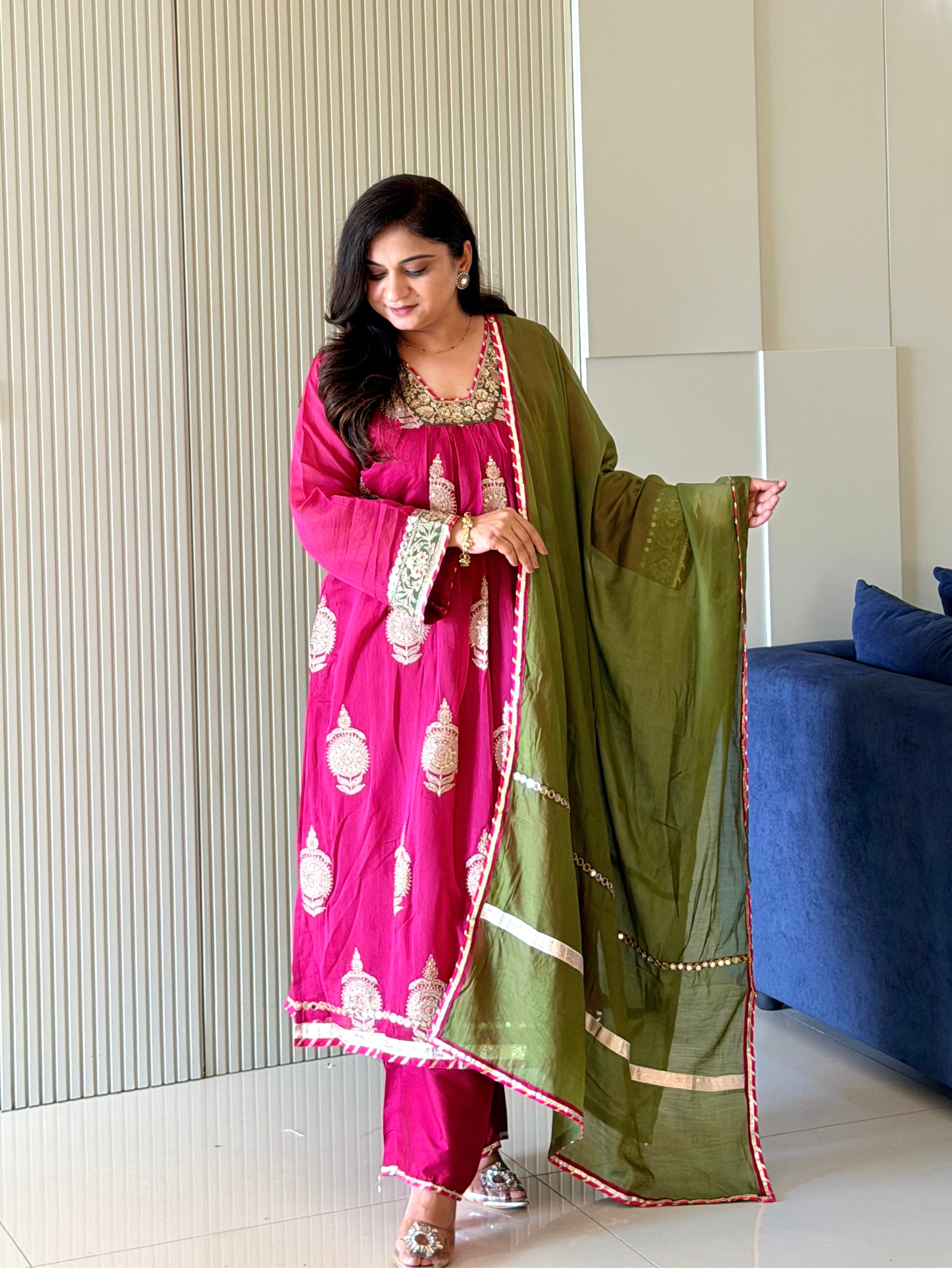 Suhani Pink Mul Chanderi Embroidered A-line Dupatta Set