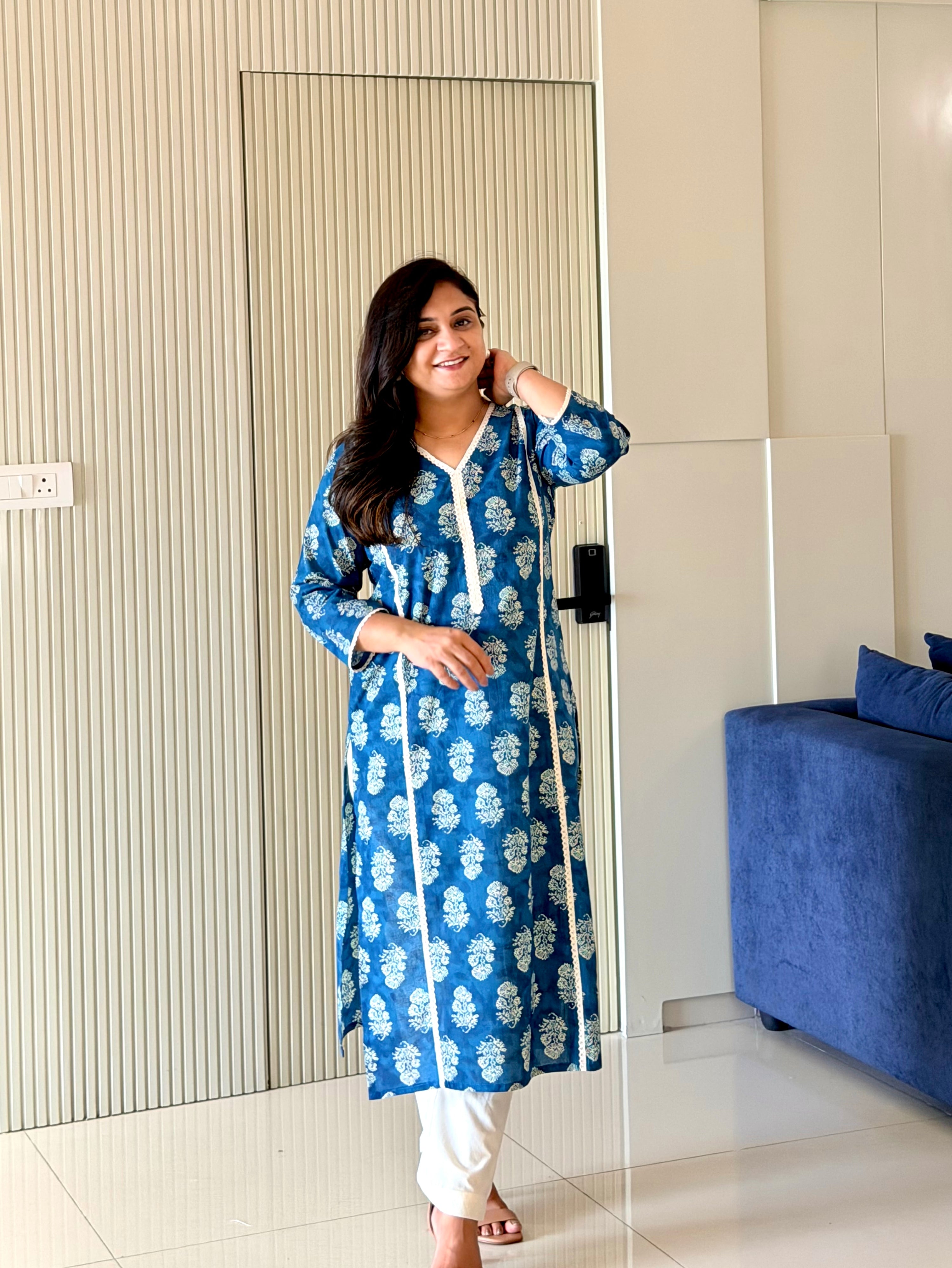 Fariha Deep Blue Cotton Floral Casual Straight Kurta