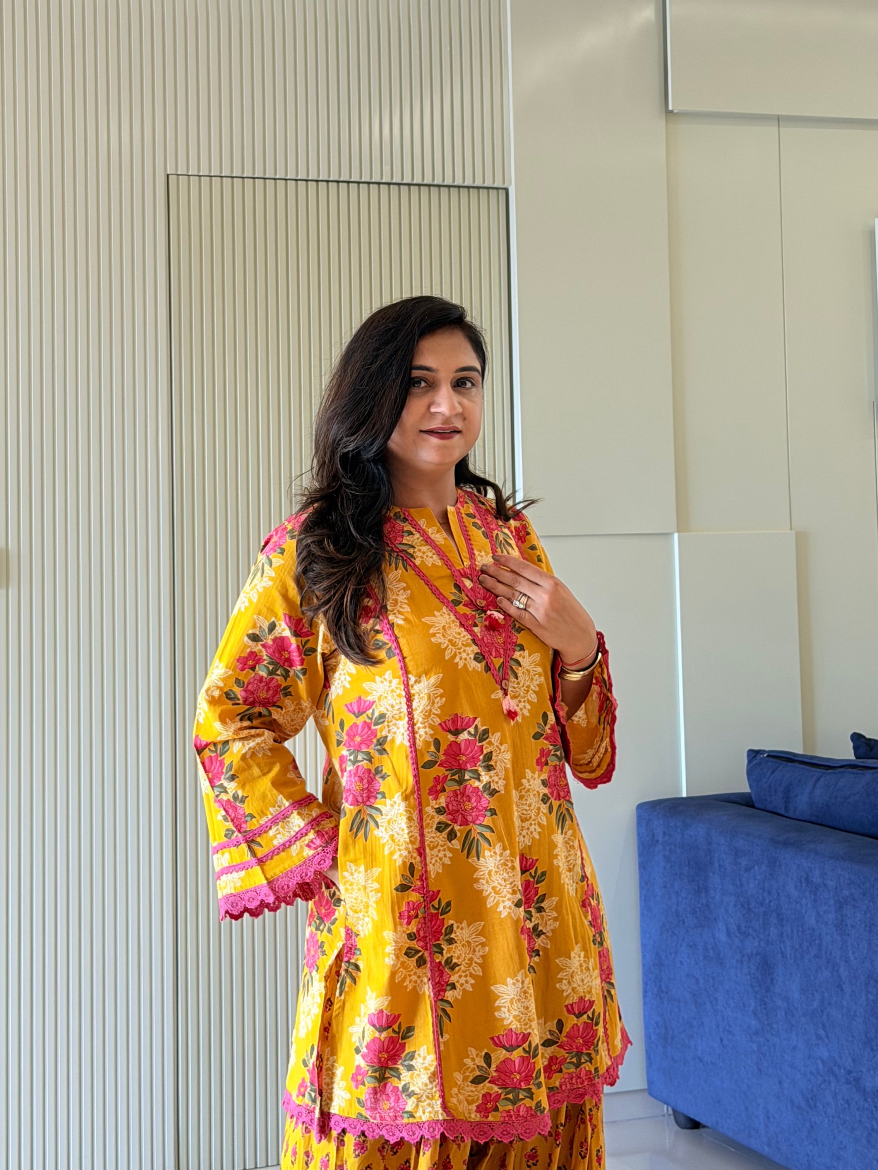 Zubeda Yellow Cotton Floral A-line Farshi Coord Set