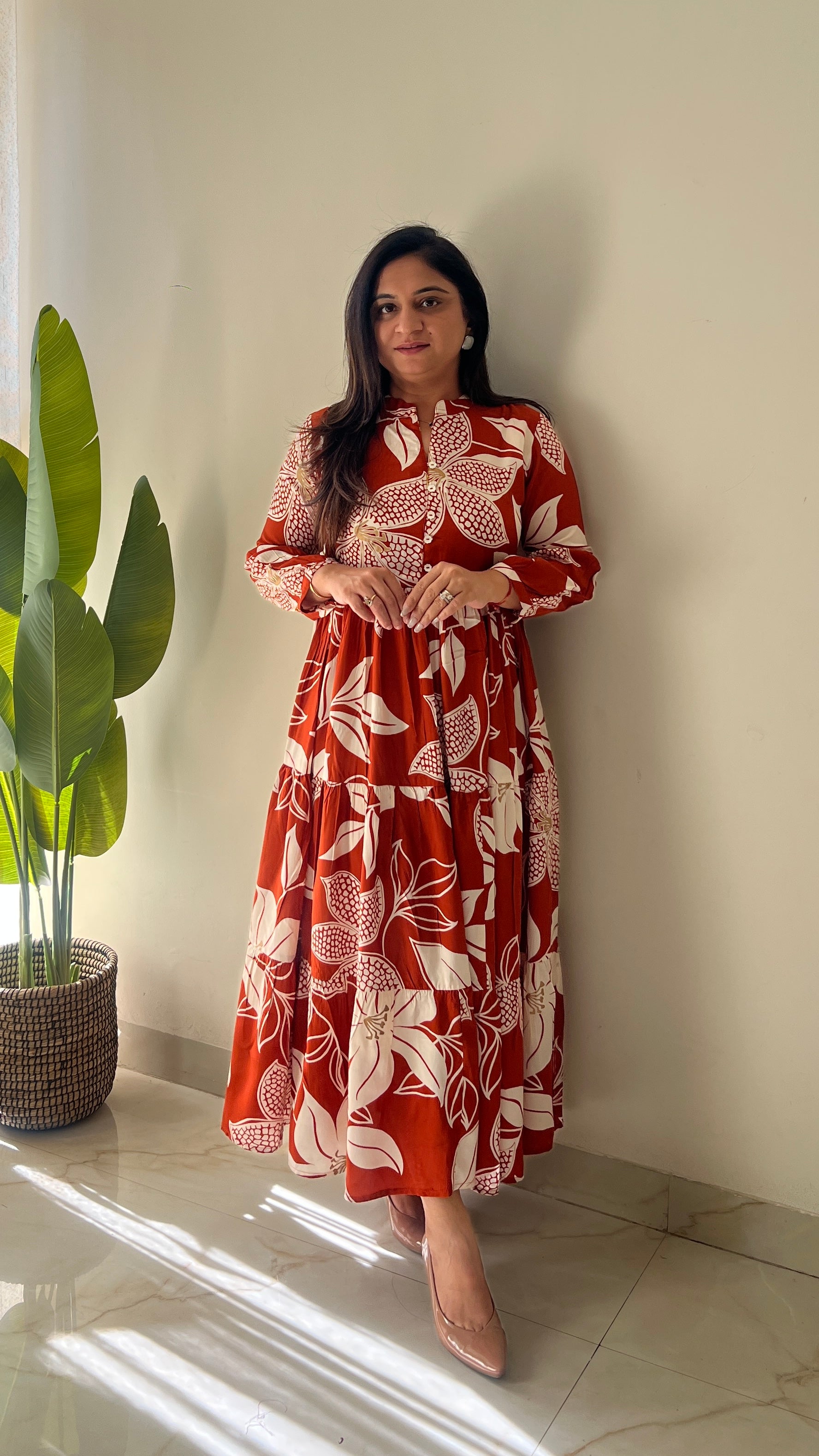 Sarfa Rust Crystal Muslin Casual Long Dress