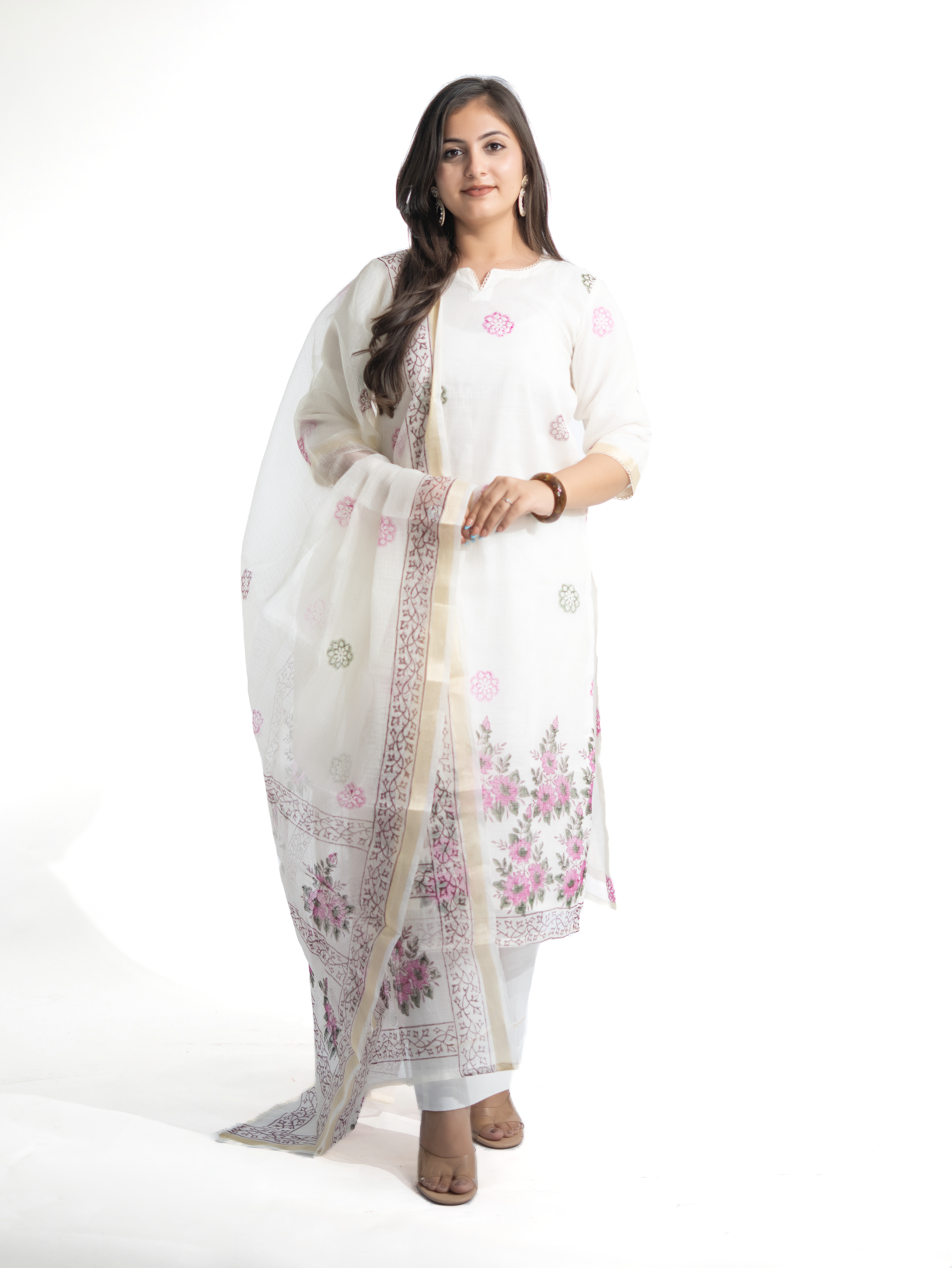 Malika Kota Doria Handblock Straight Dupatta Set