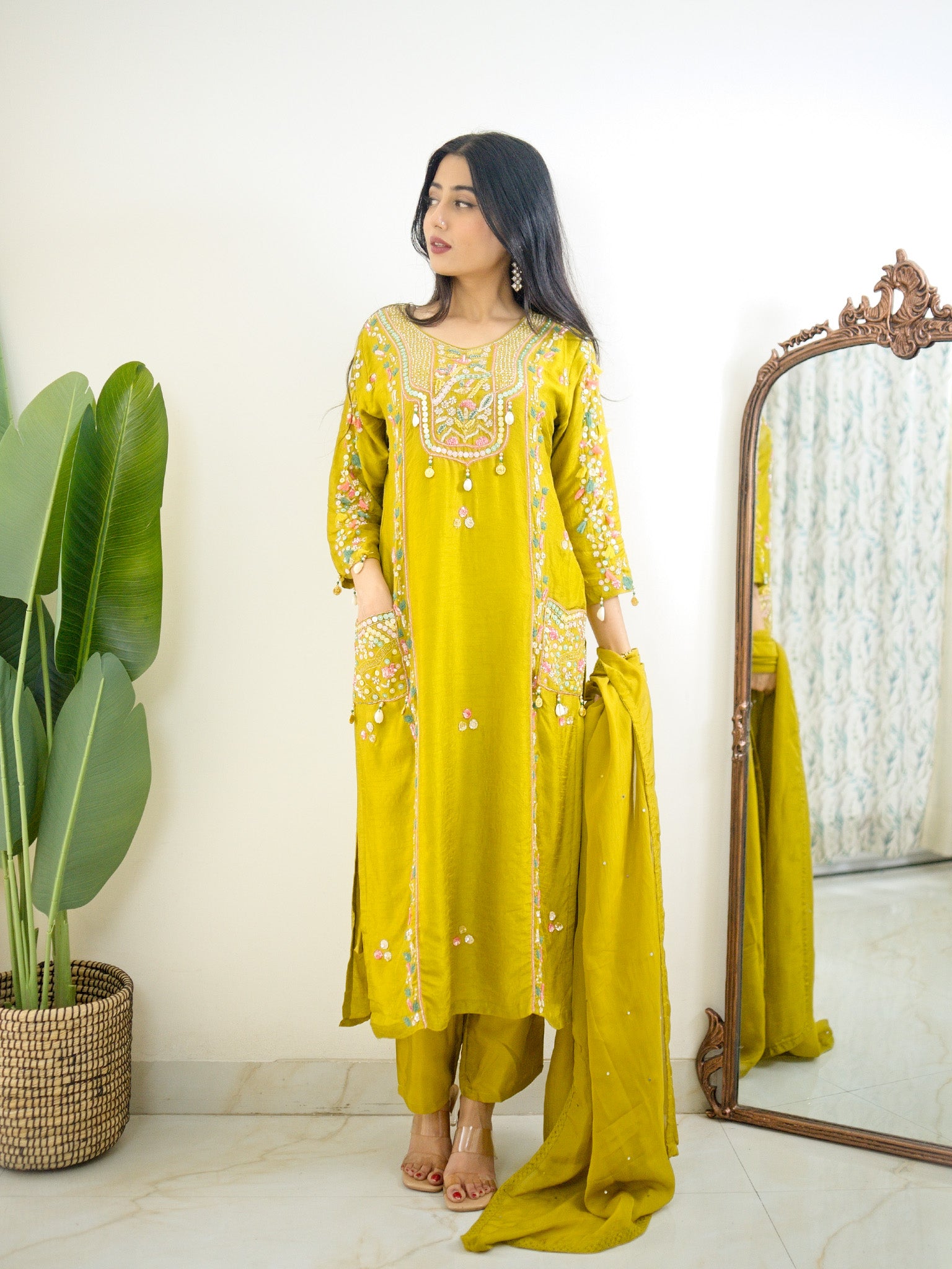 Sia Green Silk Festive HandEmbroidered Pant Set