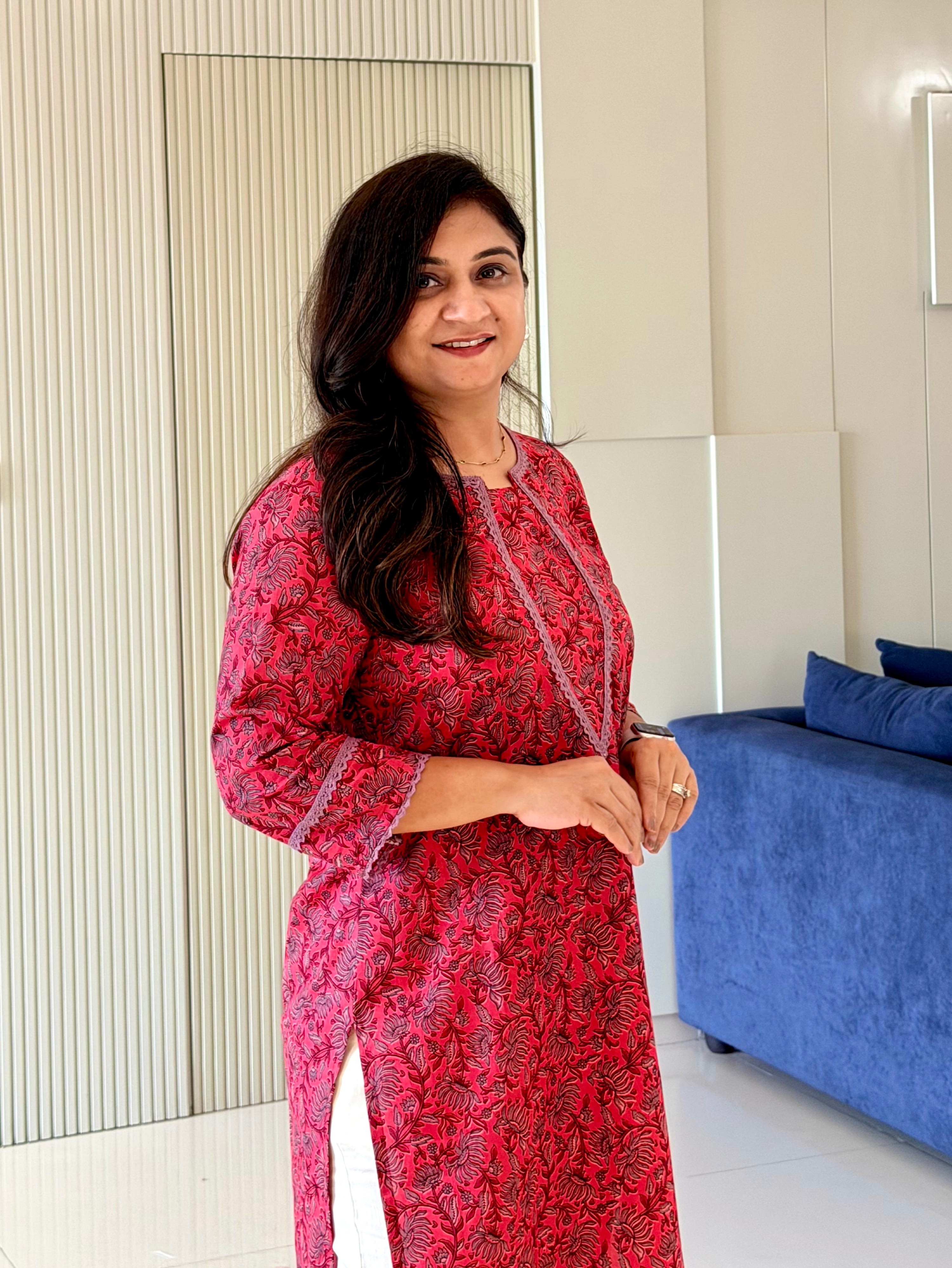 Fariha Pink Cotton Floral Casual Straight Kurta