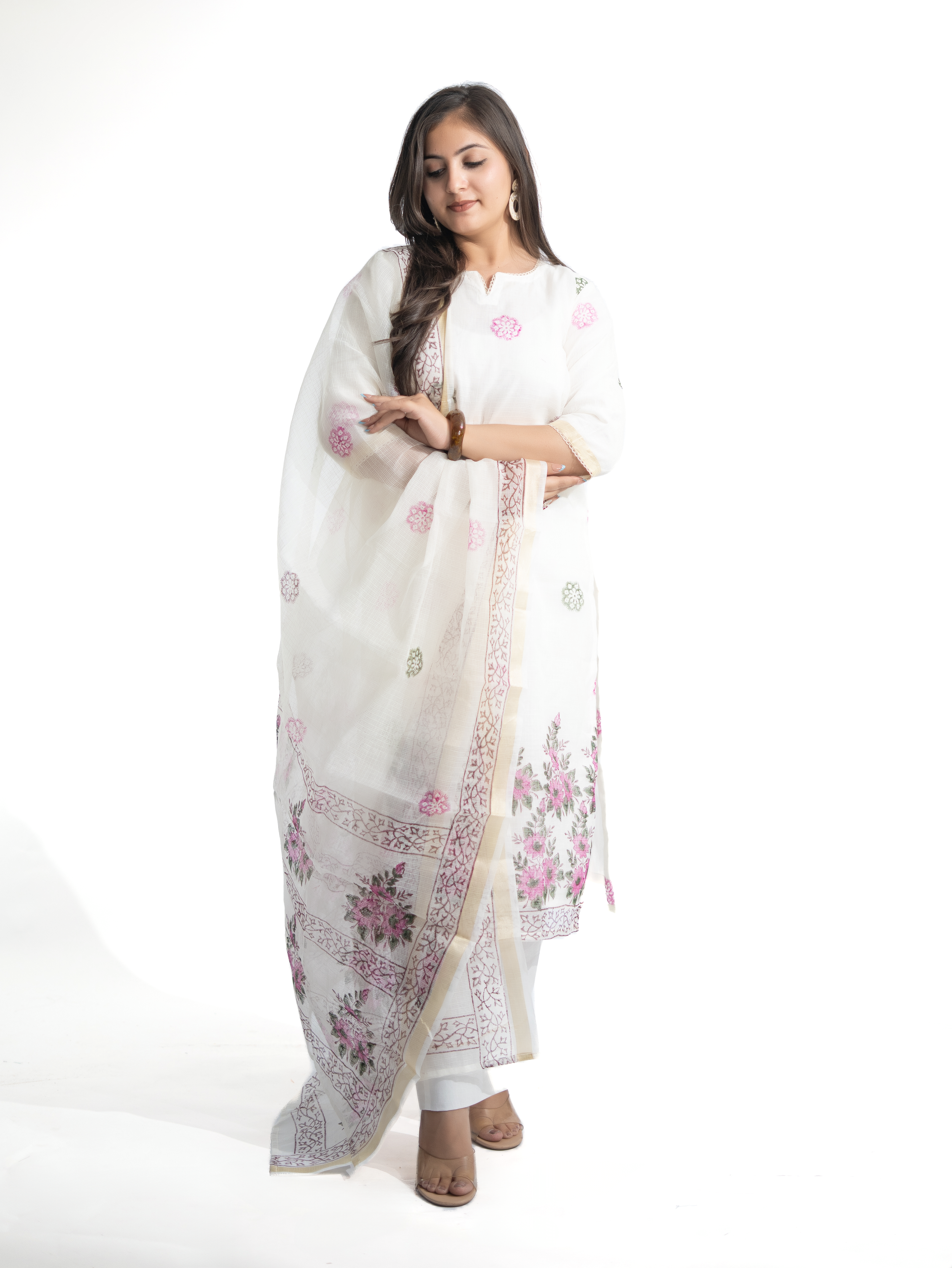 Malika Kota Doria Handblock Straight Dupatta Set