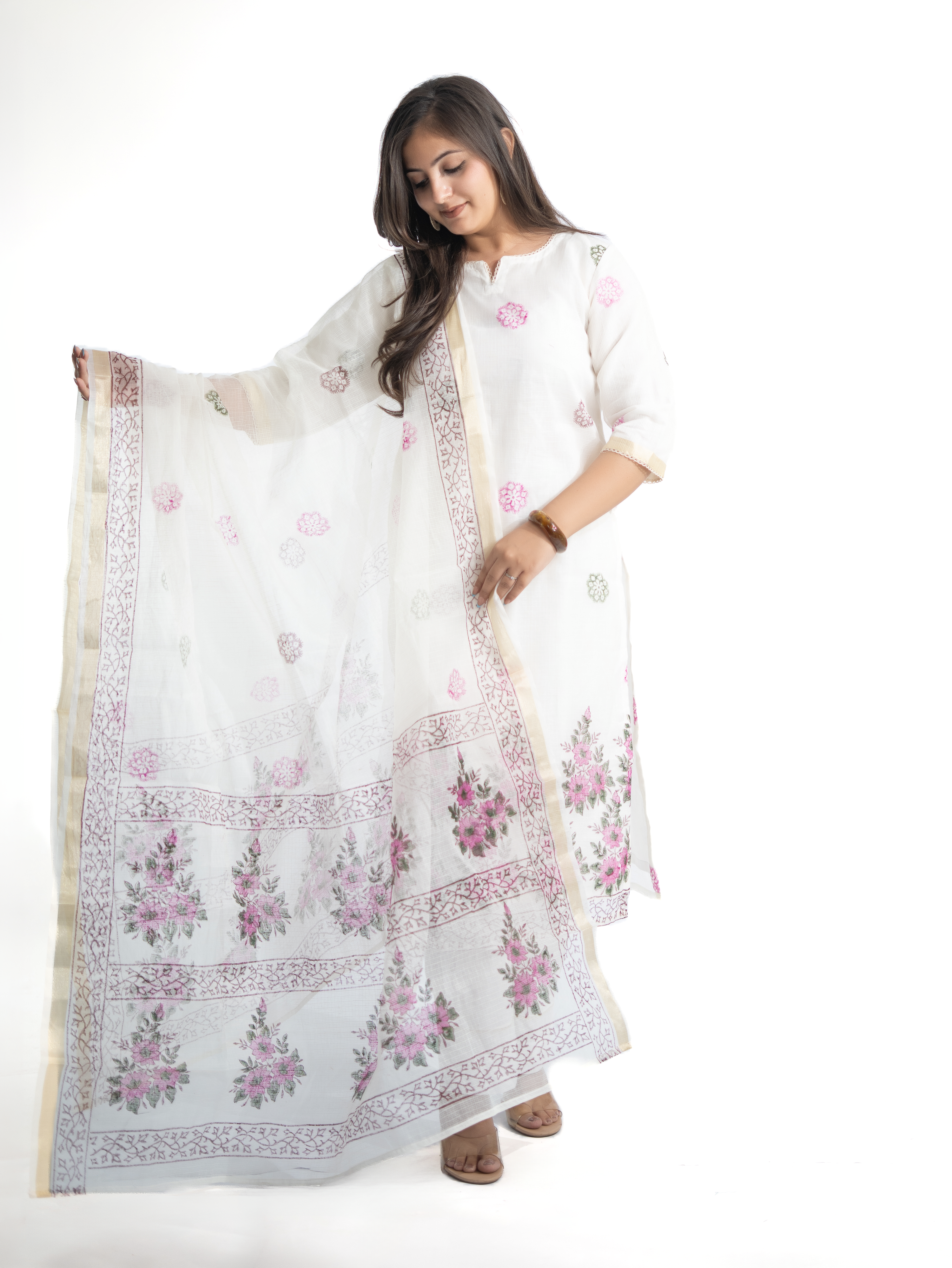 Malika Kota Doria Handblock Straight Dupatta Set