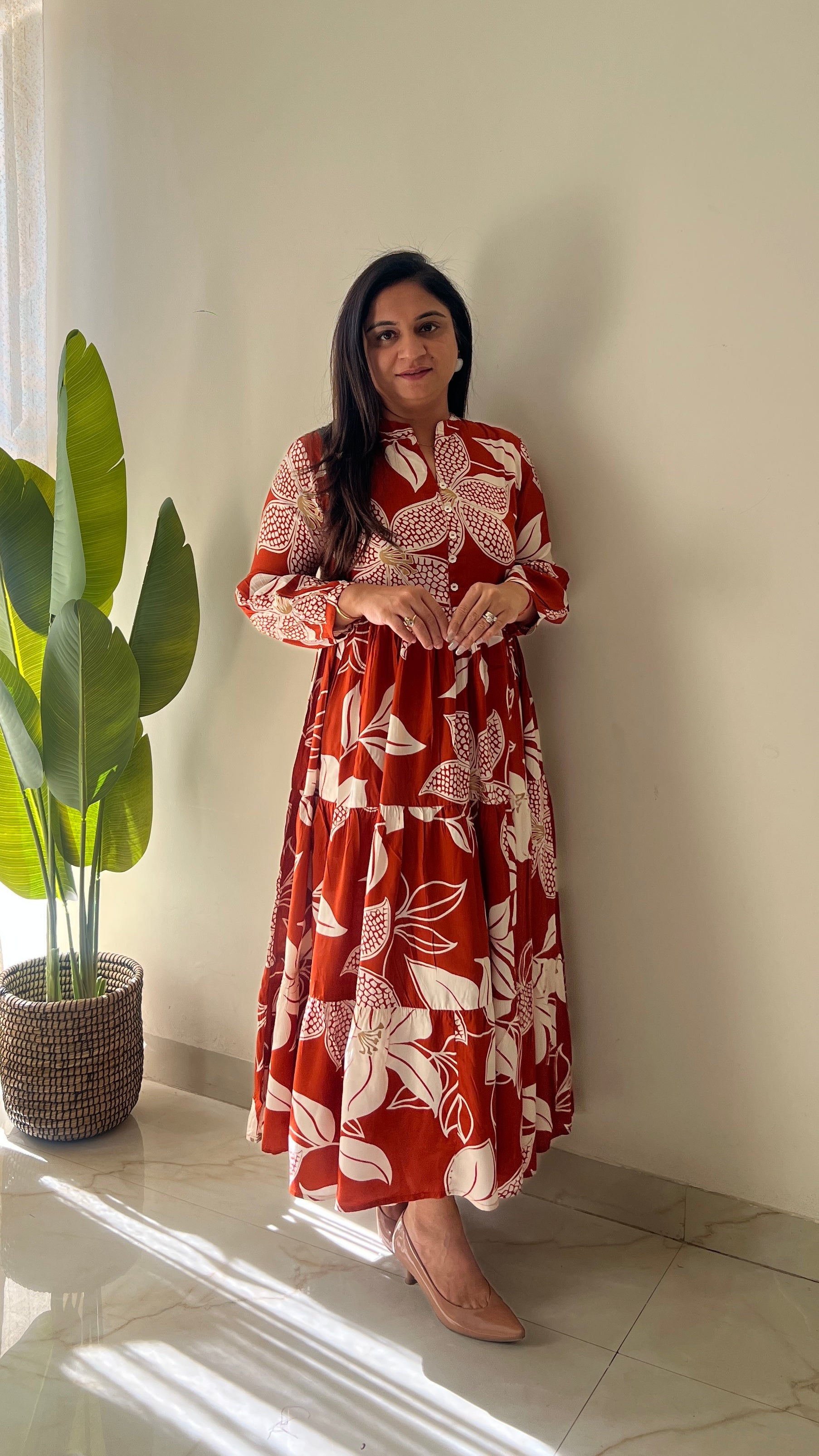 Sarfa Rust Crystal Muslin Casual Long Dress