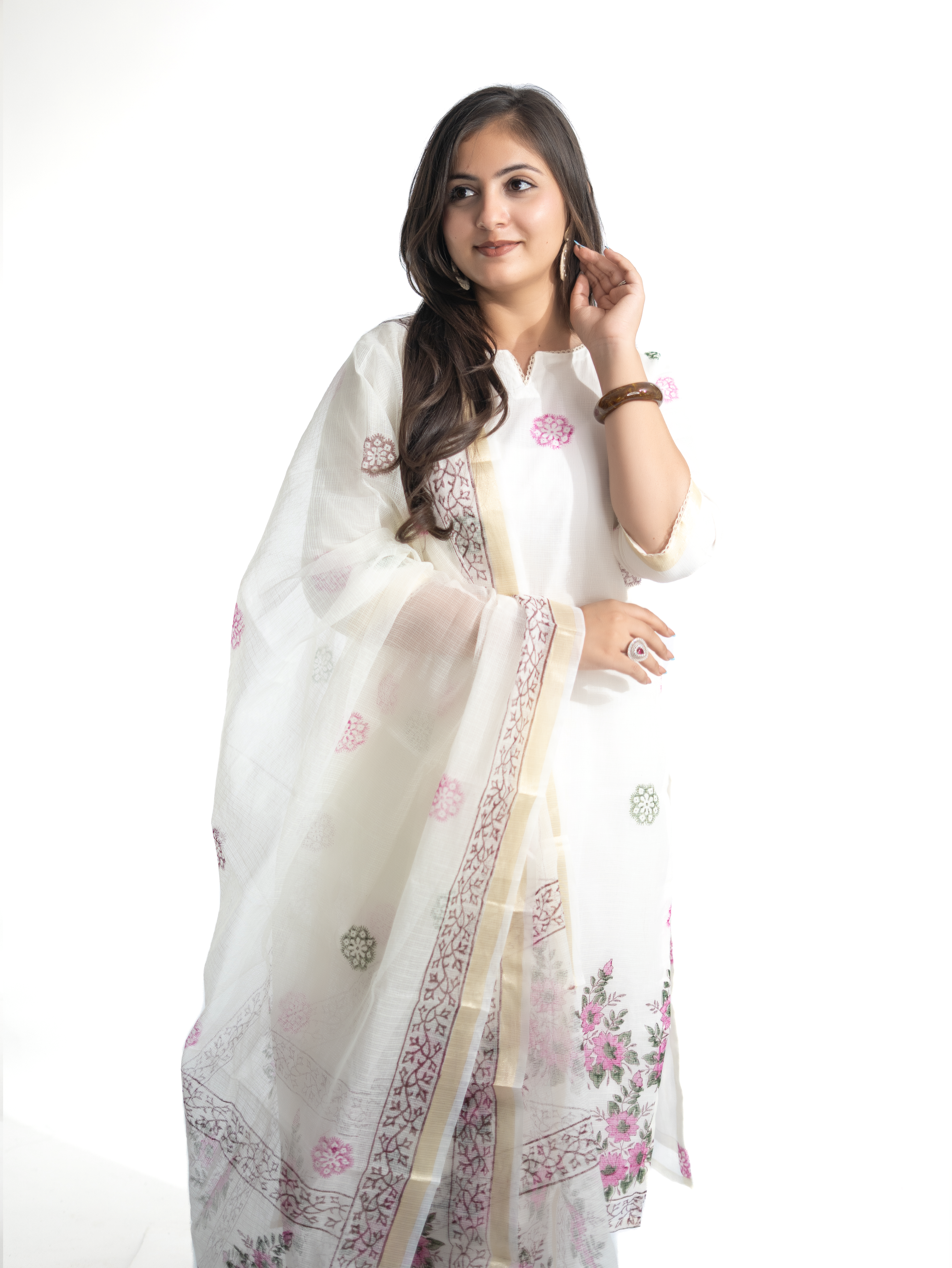 Malika Kota Doria Handblock Straight Dupatta Set