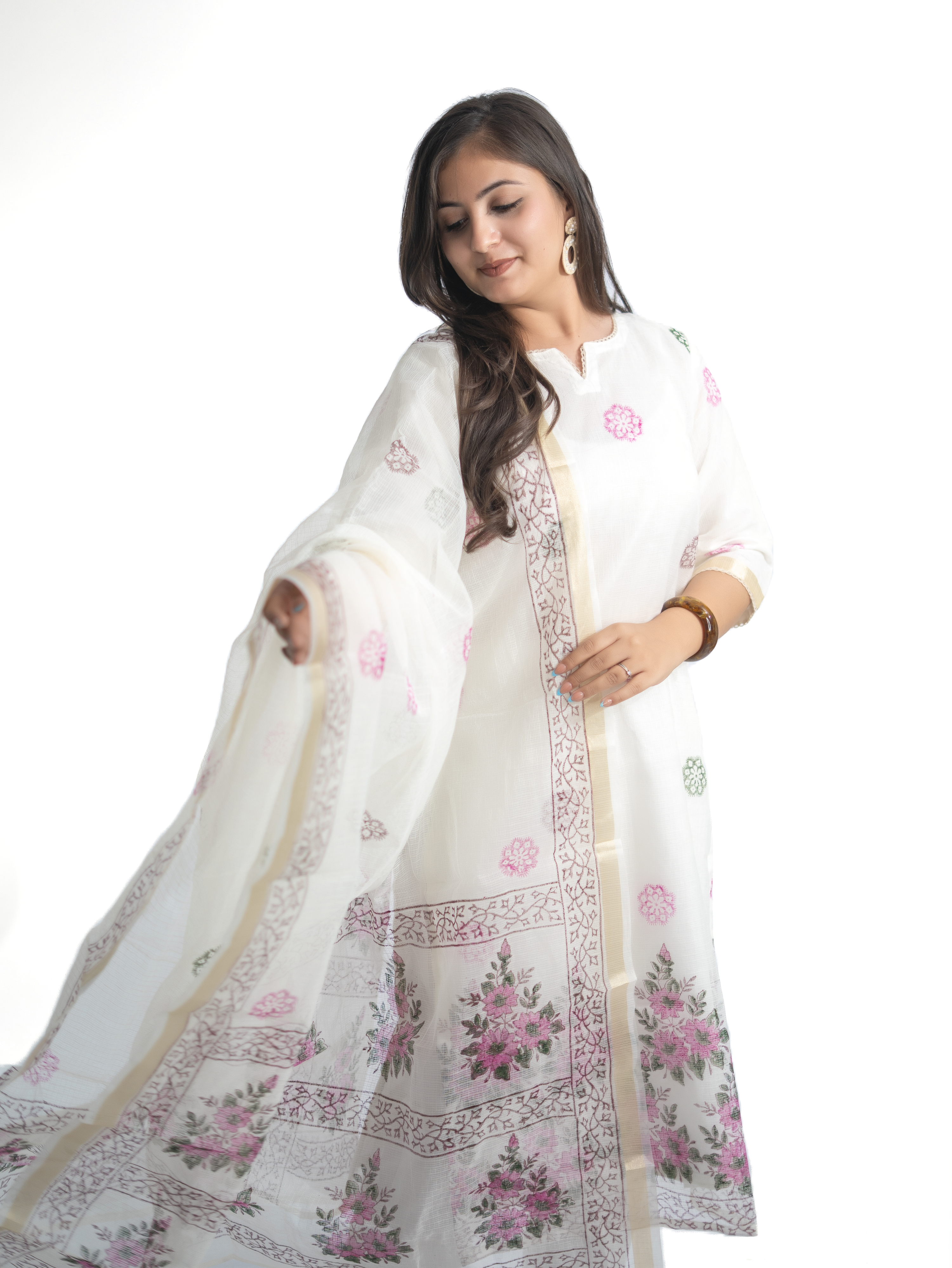 Malika Kota Doria Handblock Straight Dupatta Set