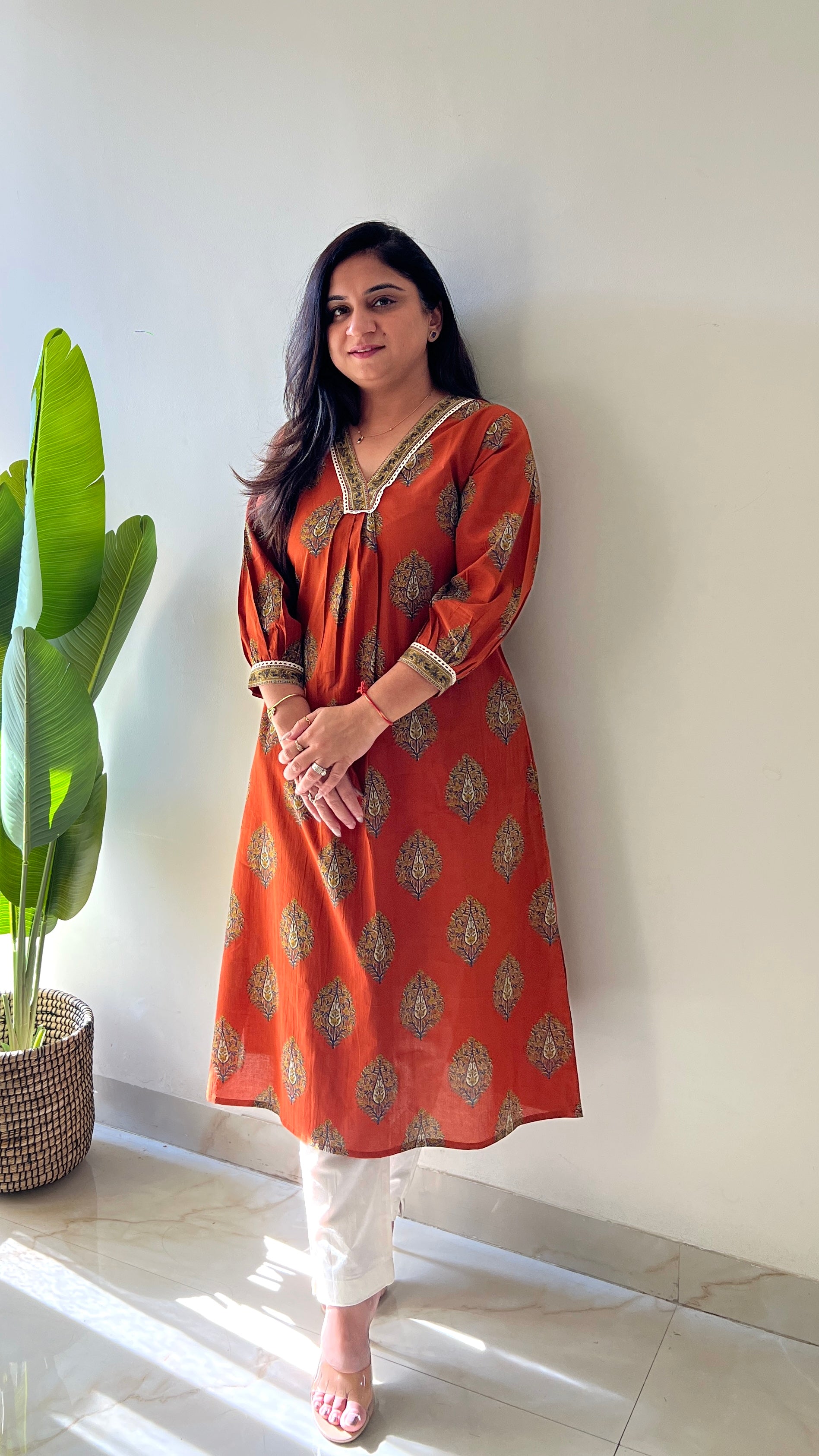 Rust Cotton A-line Casual Kurta