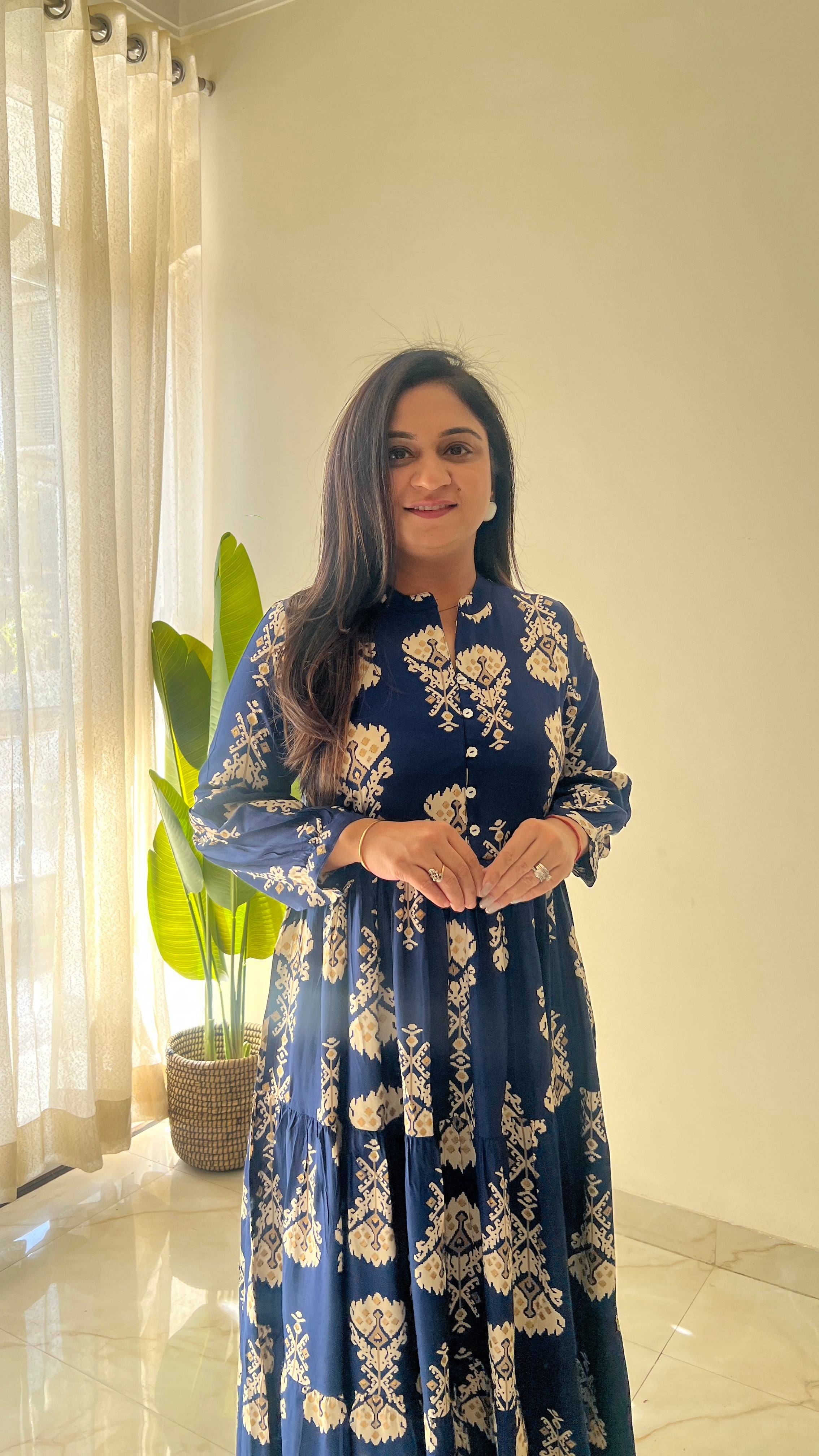 Sarfa Blue Crystal Muslin Casual Long Dress