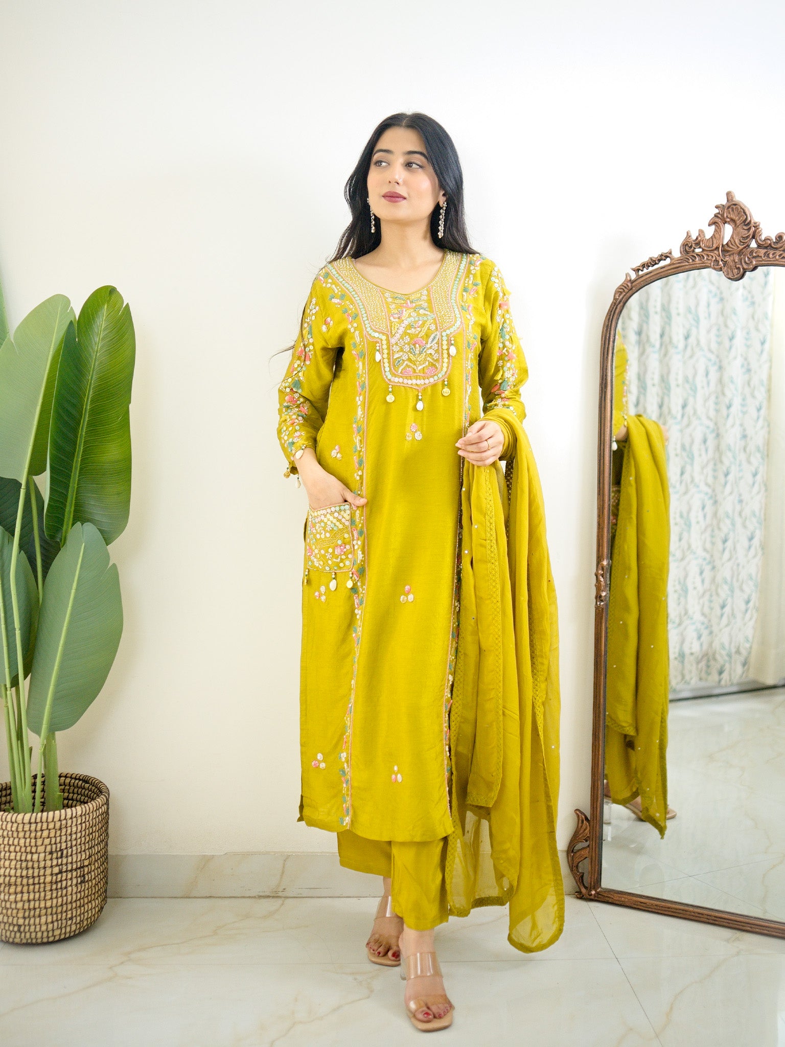 Sia Green Silk Festive HandEmbroidered Pant Set