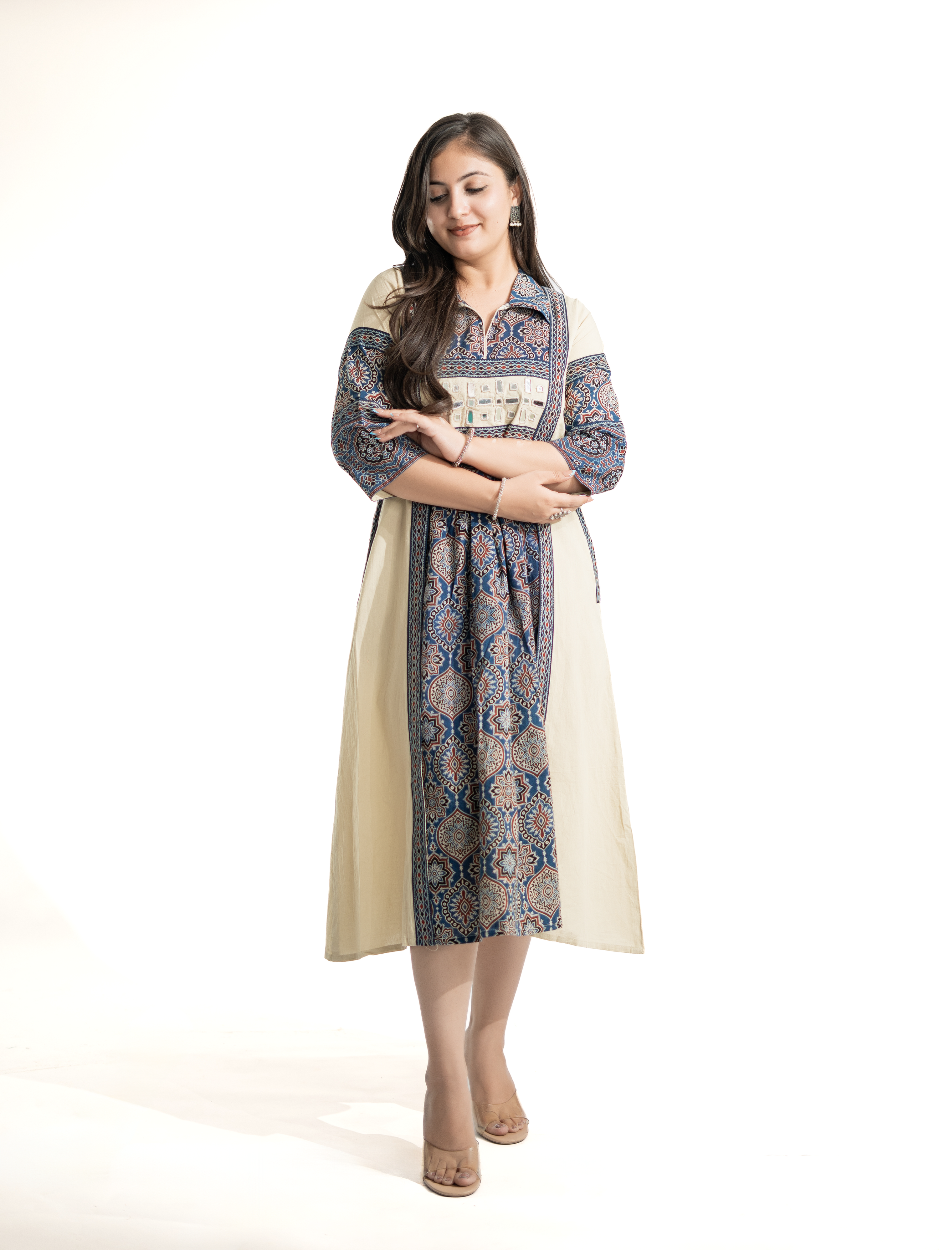 Zasha OffWhite Cotton Ajrakh Kutch Embroidered A-line Kurta