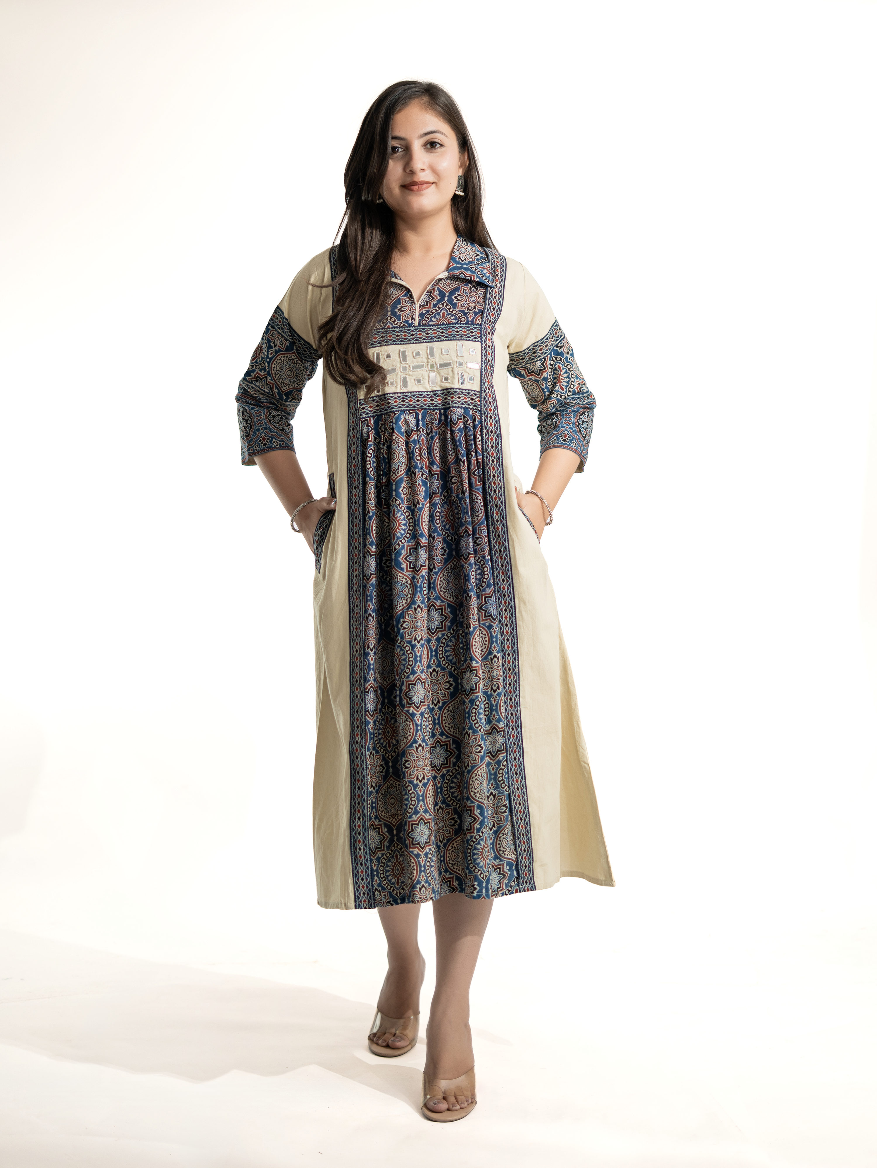 Zasha OffWhite Cotton Ajrakh Kutch Embroidered A-line Kurta