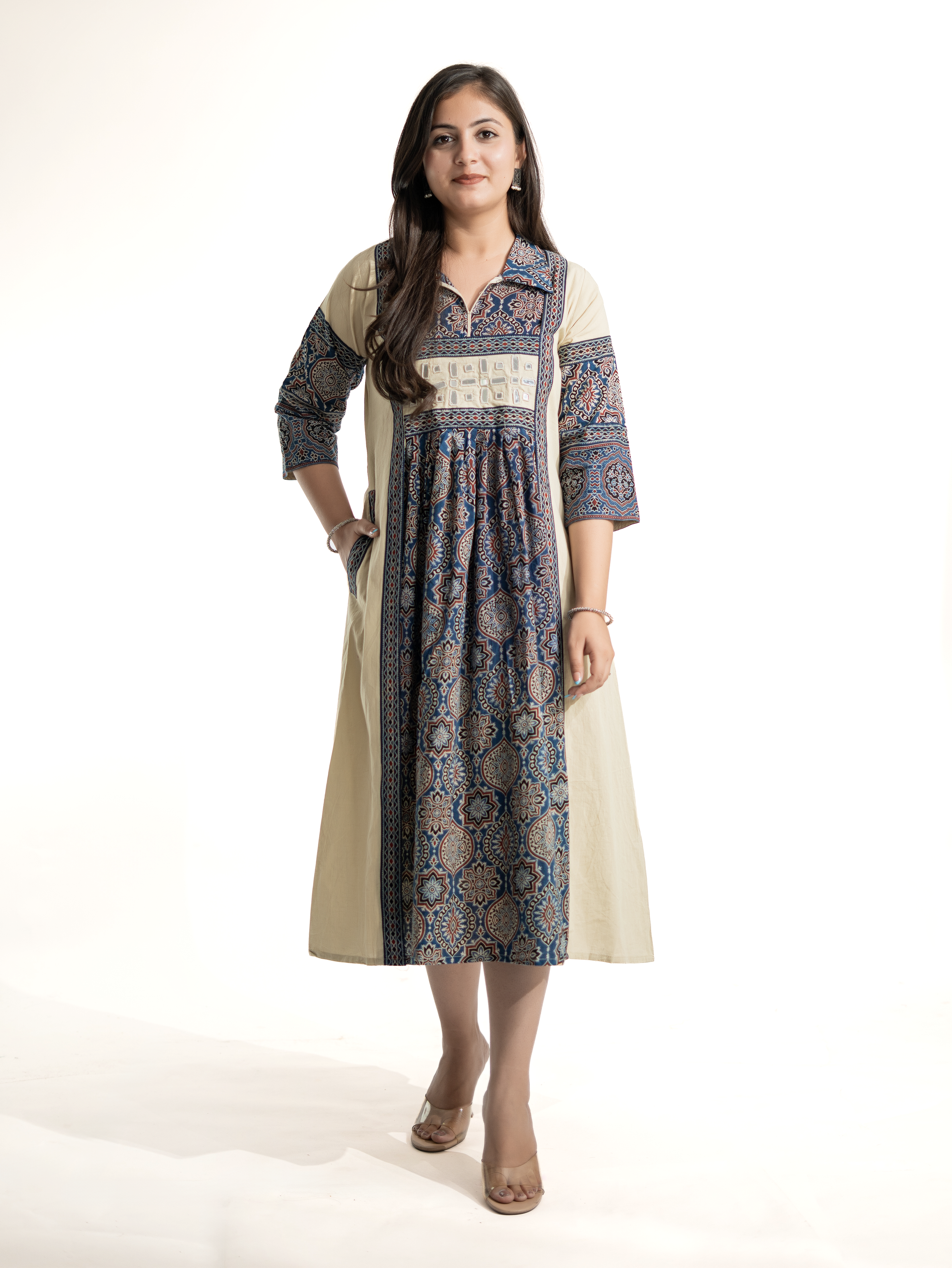 Zasha OffWhite Cotton Ajrakh Kutch Embroidered A-line Kurta