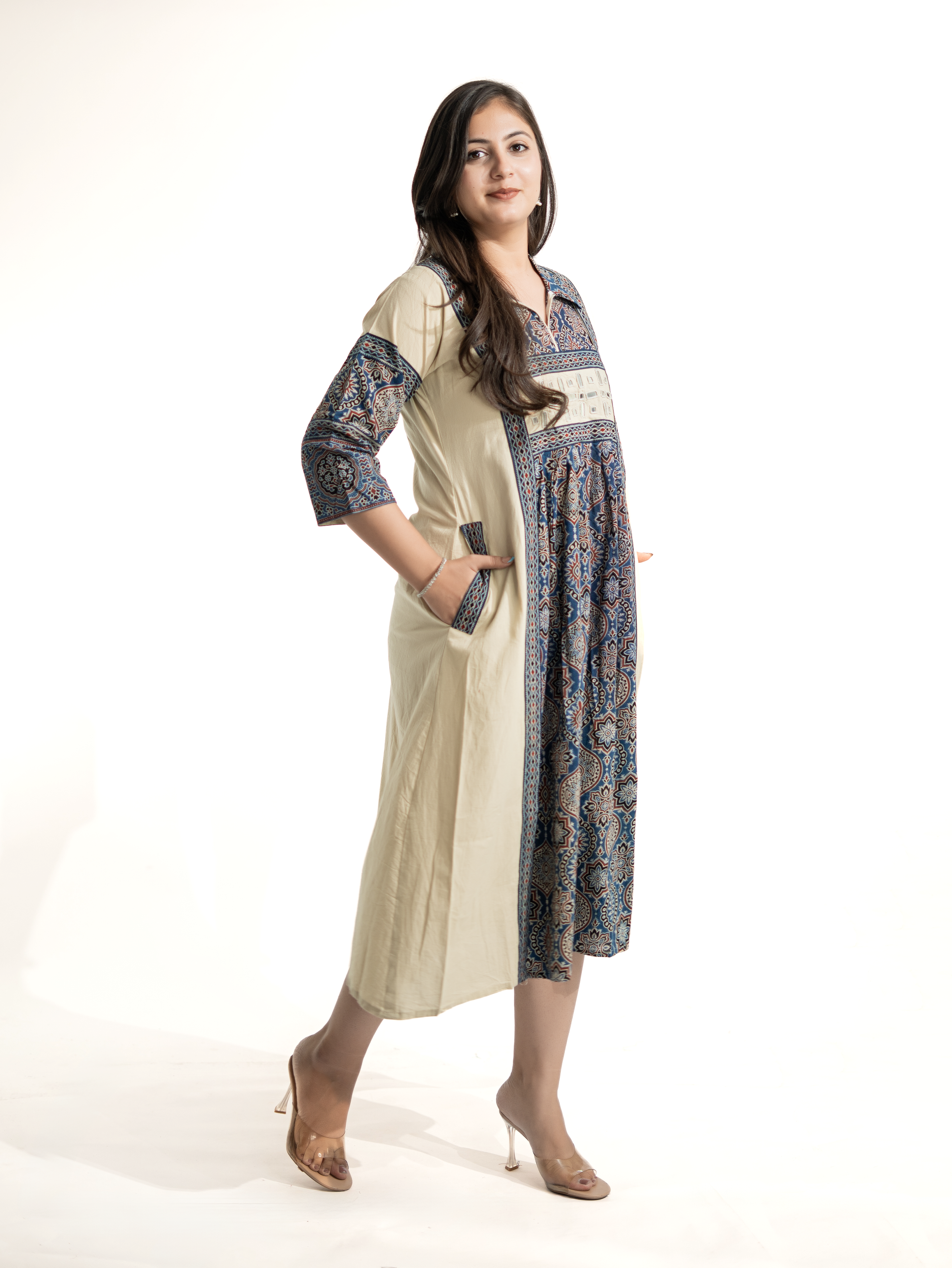 Zasha OffWhite Cotton Ajrakh Kutch Embroidered A-line Kurta