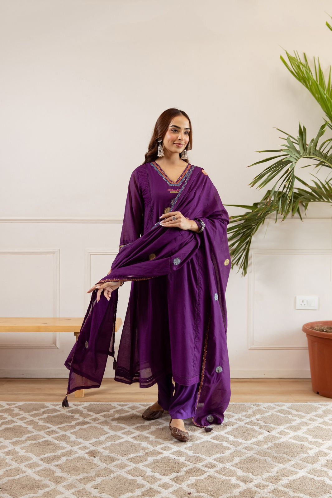 Zola Purple Net Chanderi Embroidered Anarkali Set