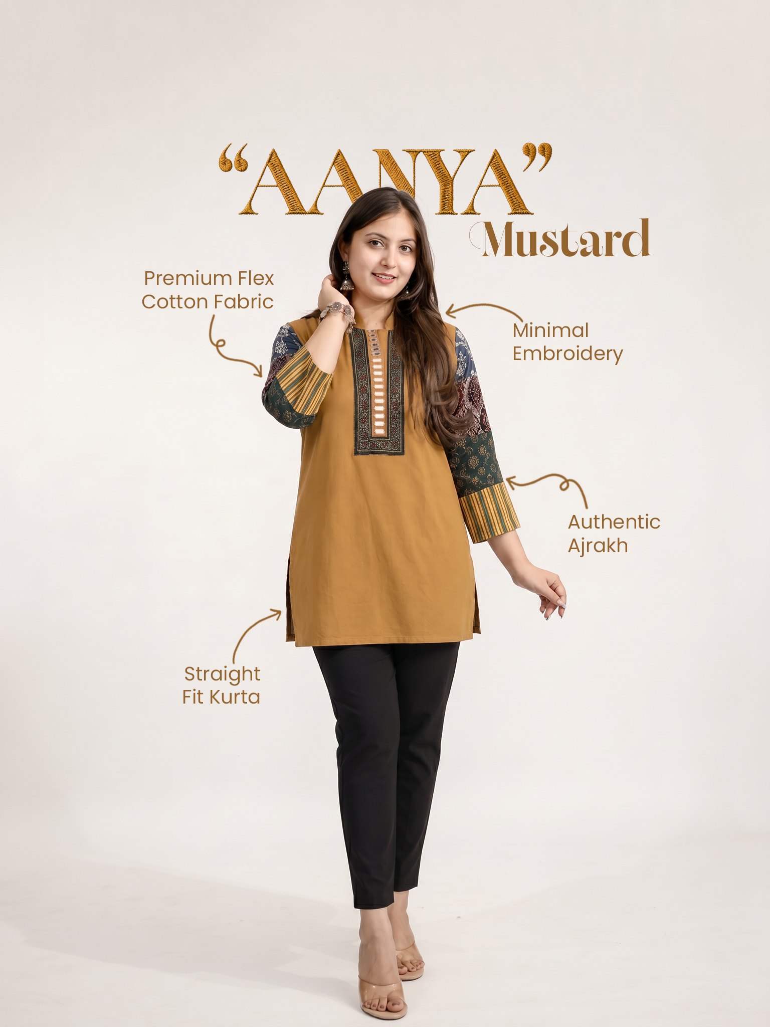 Aanya Mustard Cotton Ajrakh Emboidered Short Top