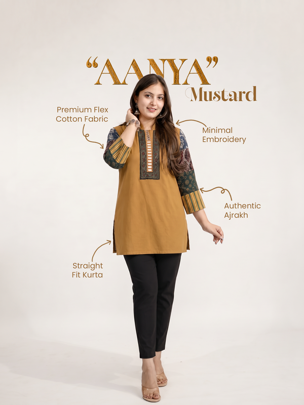 Aanya Mustard Cotton Ajrakh Emboidered Short Top