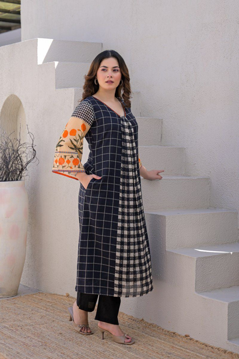 Ridah Black Mul Cotton Embroidered A-line Kurta Set