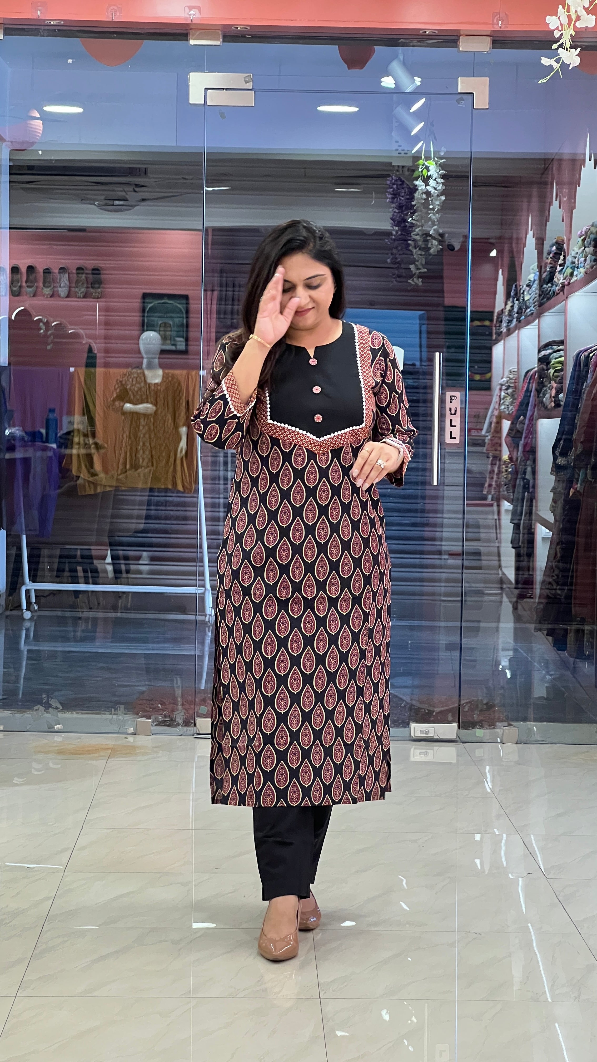 Black Ajrakh Casual Cotton Straight Kurta