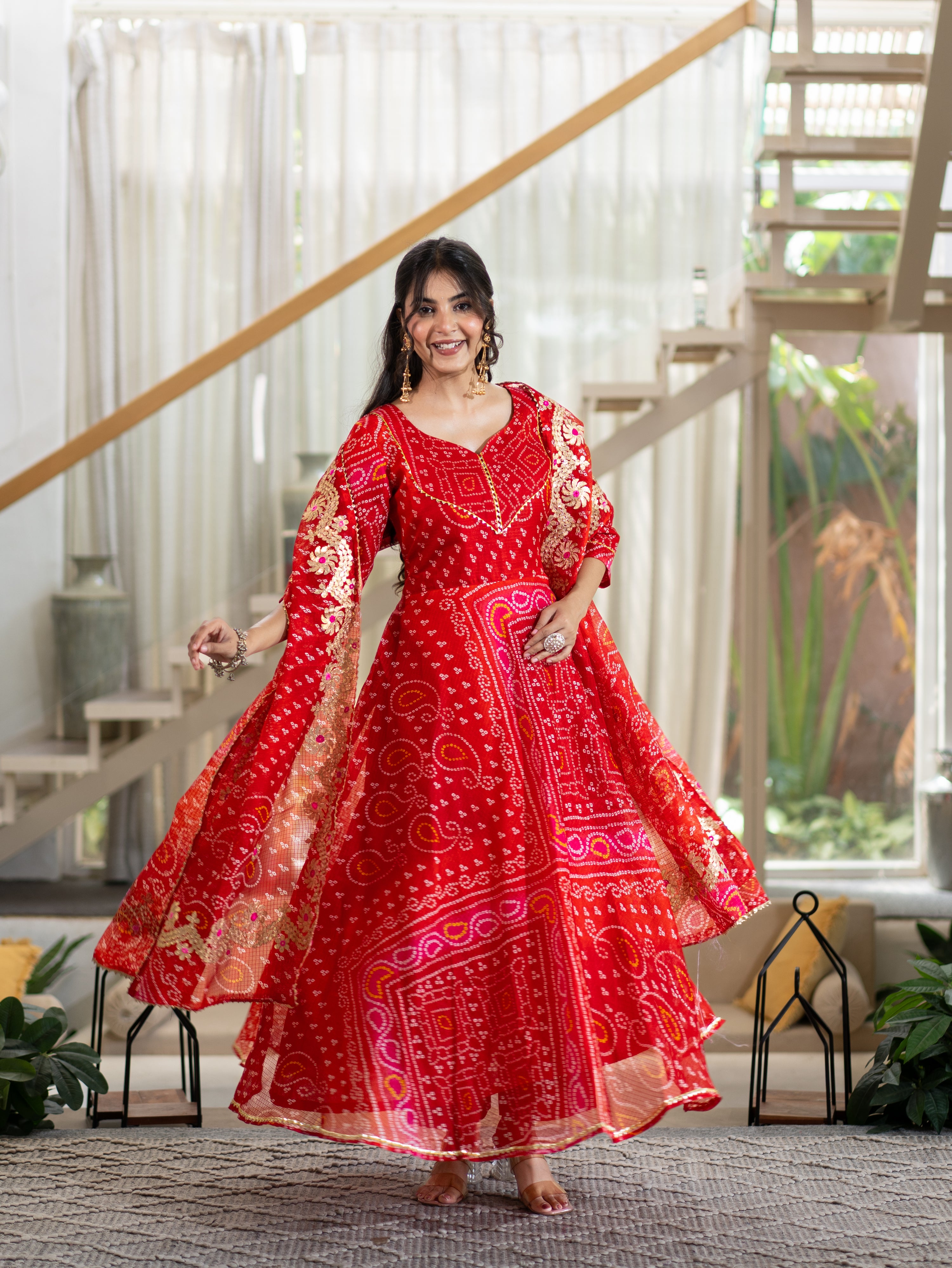 Nitya Red Bandhani Kota Doria Anarkali Dupatta set