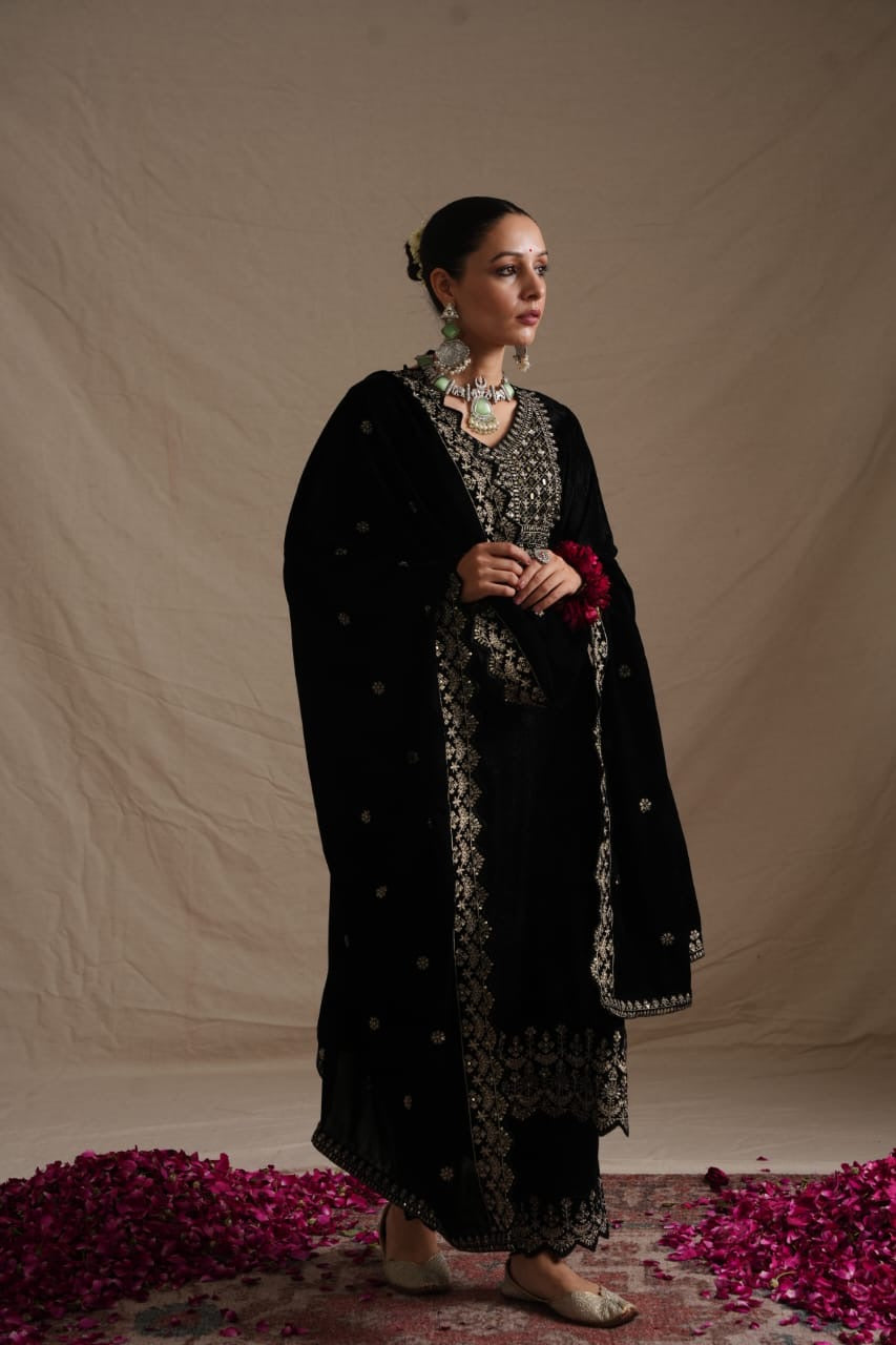 ’Makhmul’ Velvet Embroidered Pant Set - The Jaipur Studio
