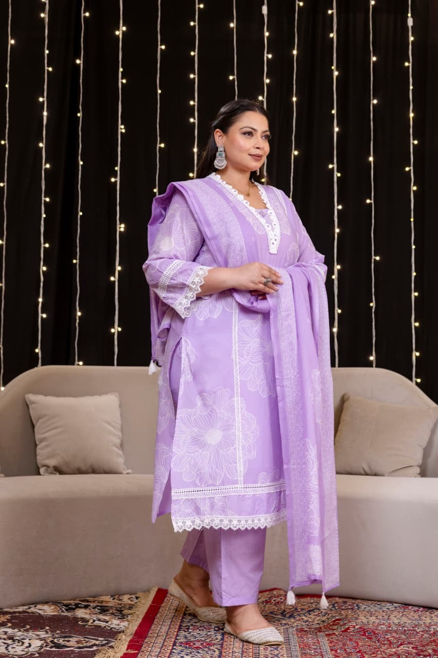 Tuba Lavender Cotton Lace Deatailed Straight Dupatta Set