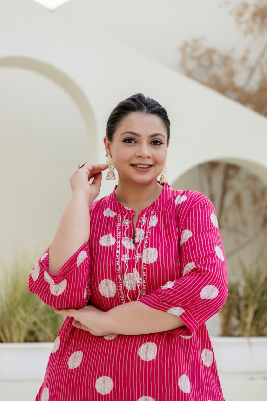 Tanisha Pink Polka Embroidered A-line Kurta Set