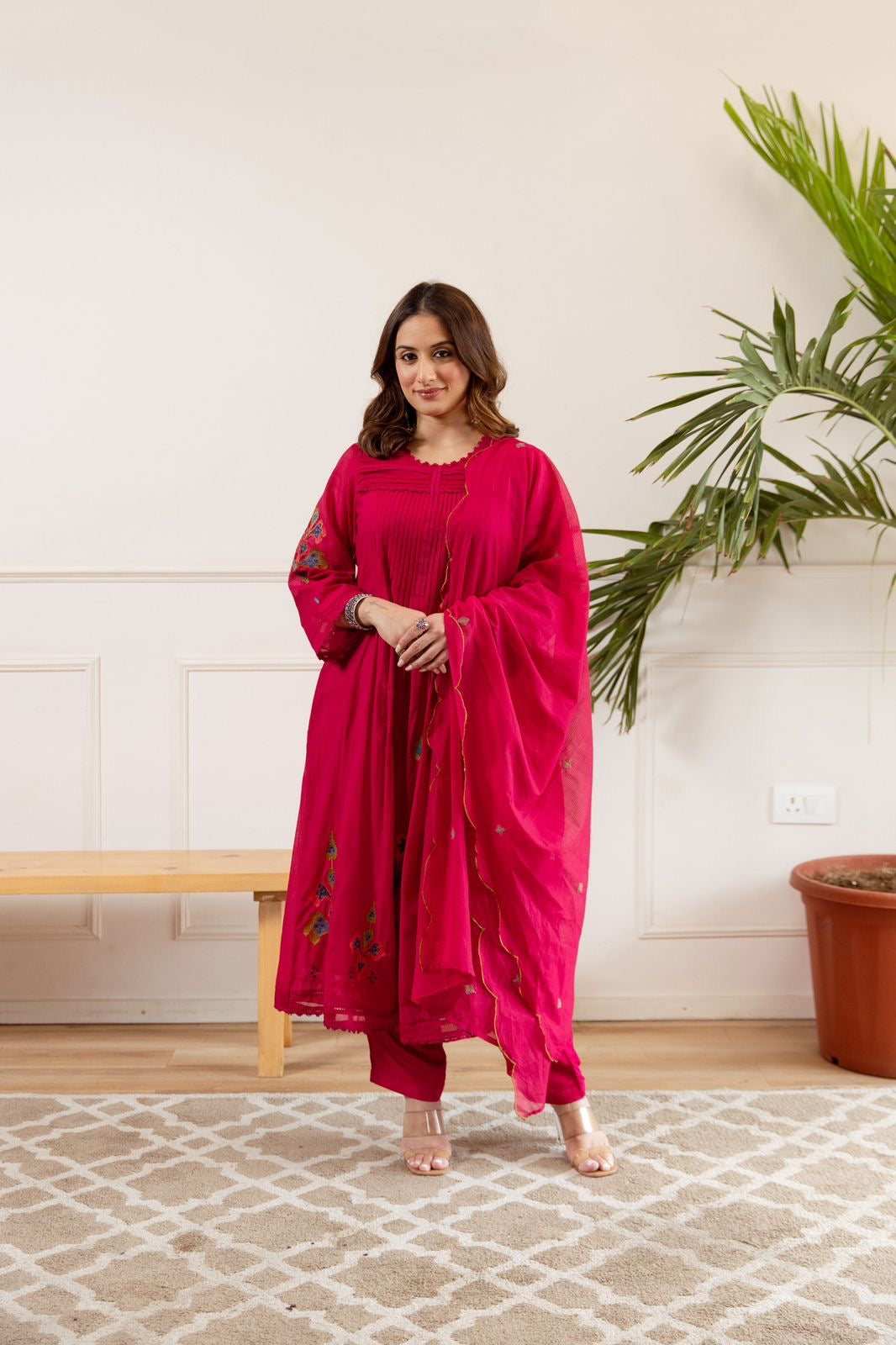 Zina Pink Net Chanderi Embroidered Anarkali Set