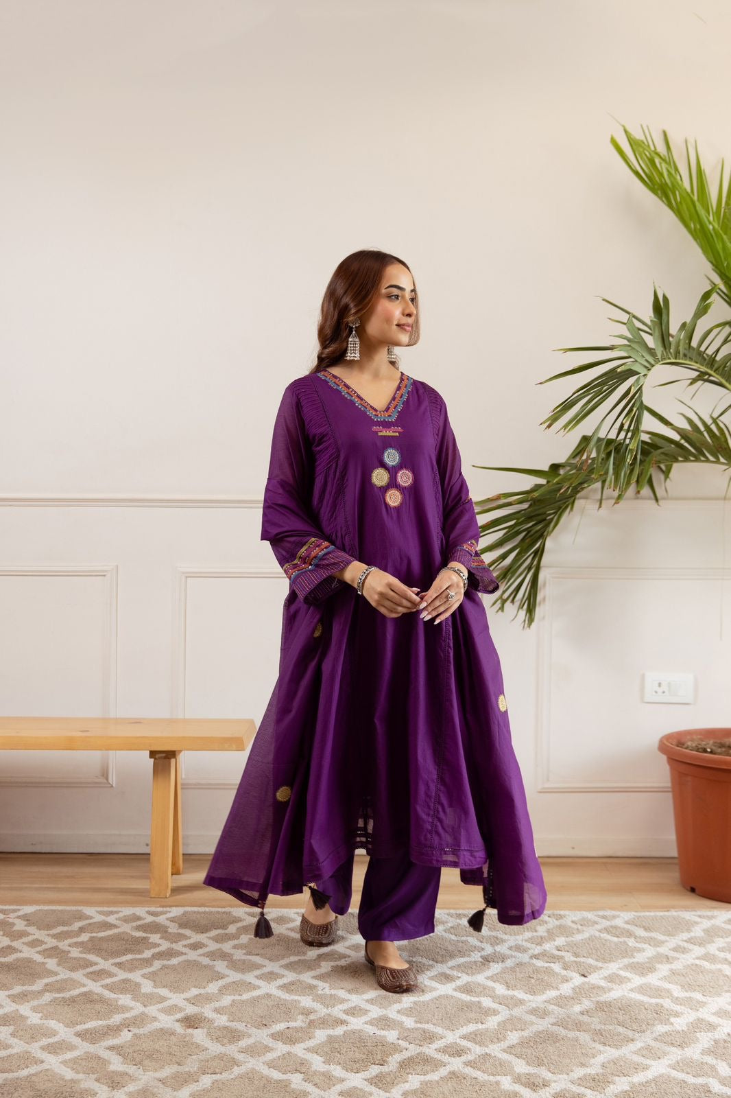 Zola Purple Net Chanderi Embroidered Anarkali Set