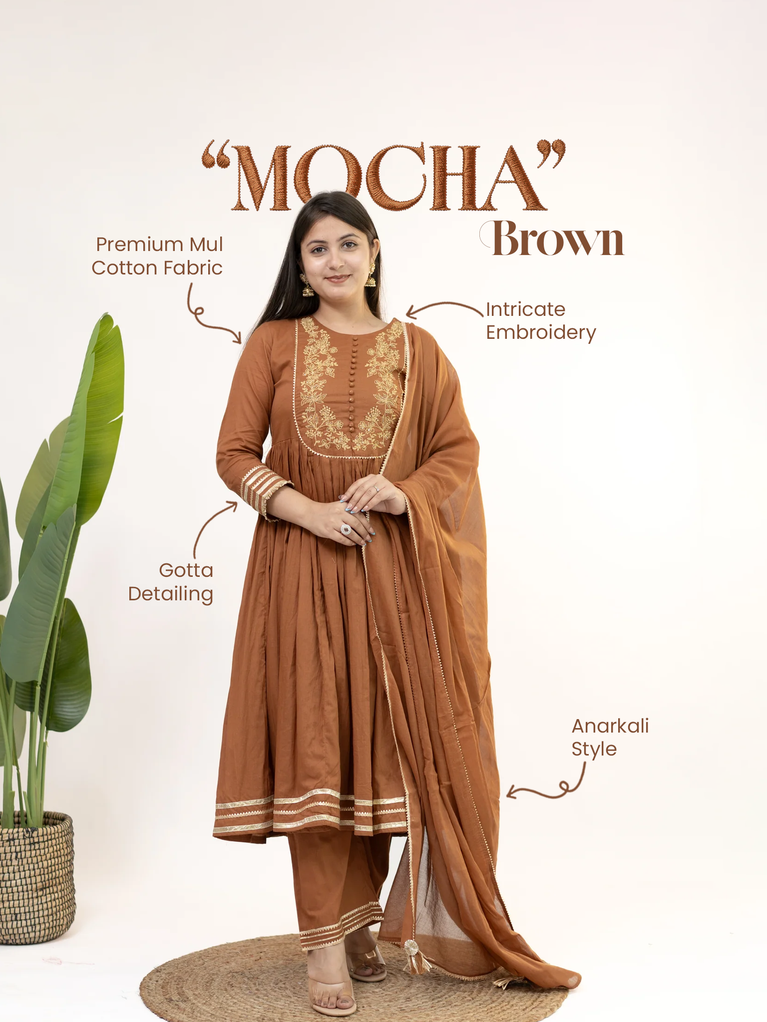 Aarya Brown Mul Cotton Embroidered Gotta Detailed Dupatta Set