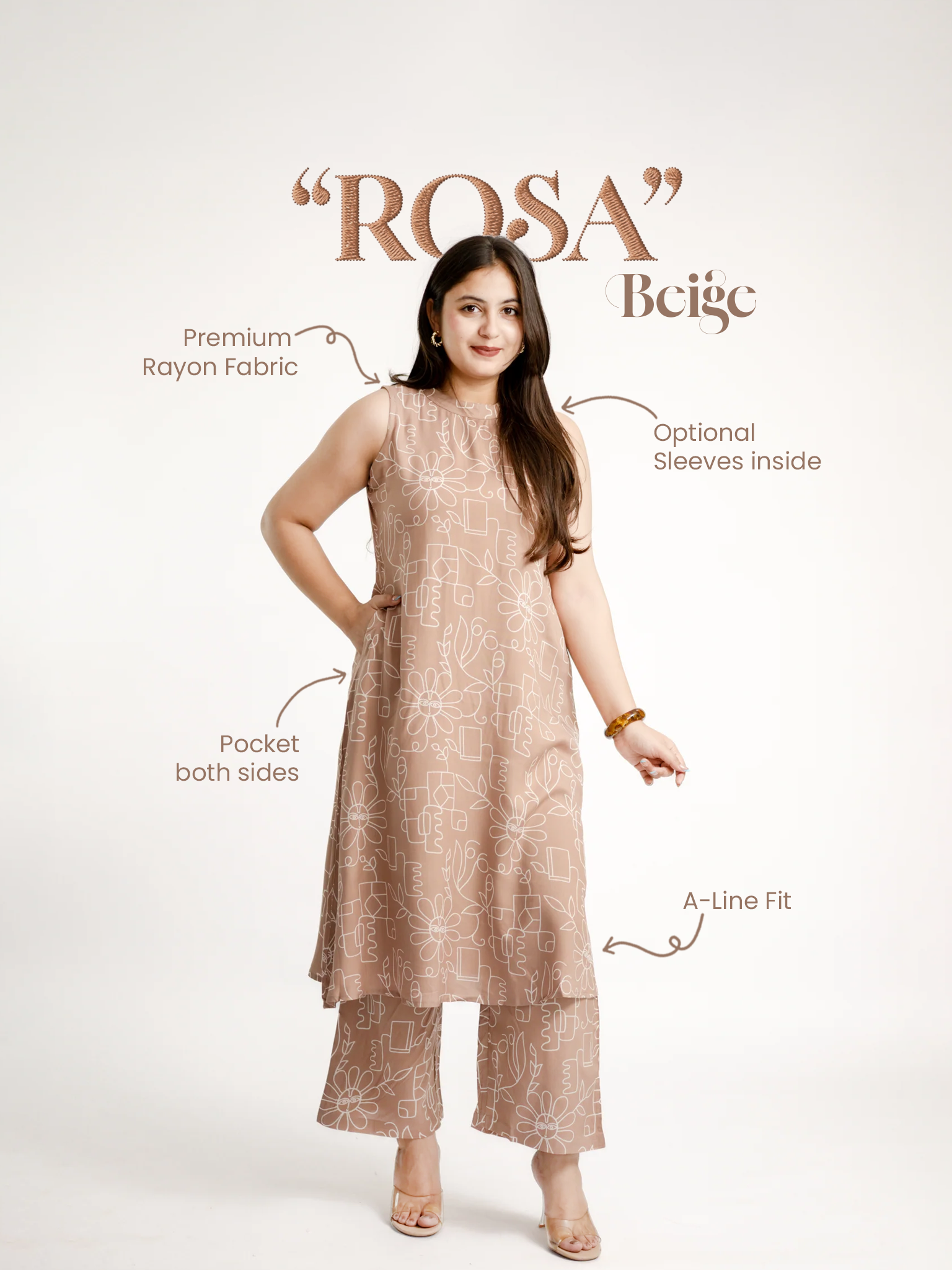 Rosa Beige Geometric Floral Rayon A-line Coord Set