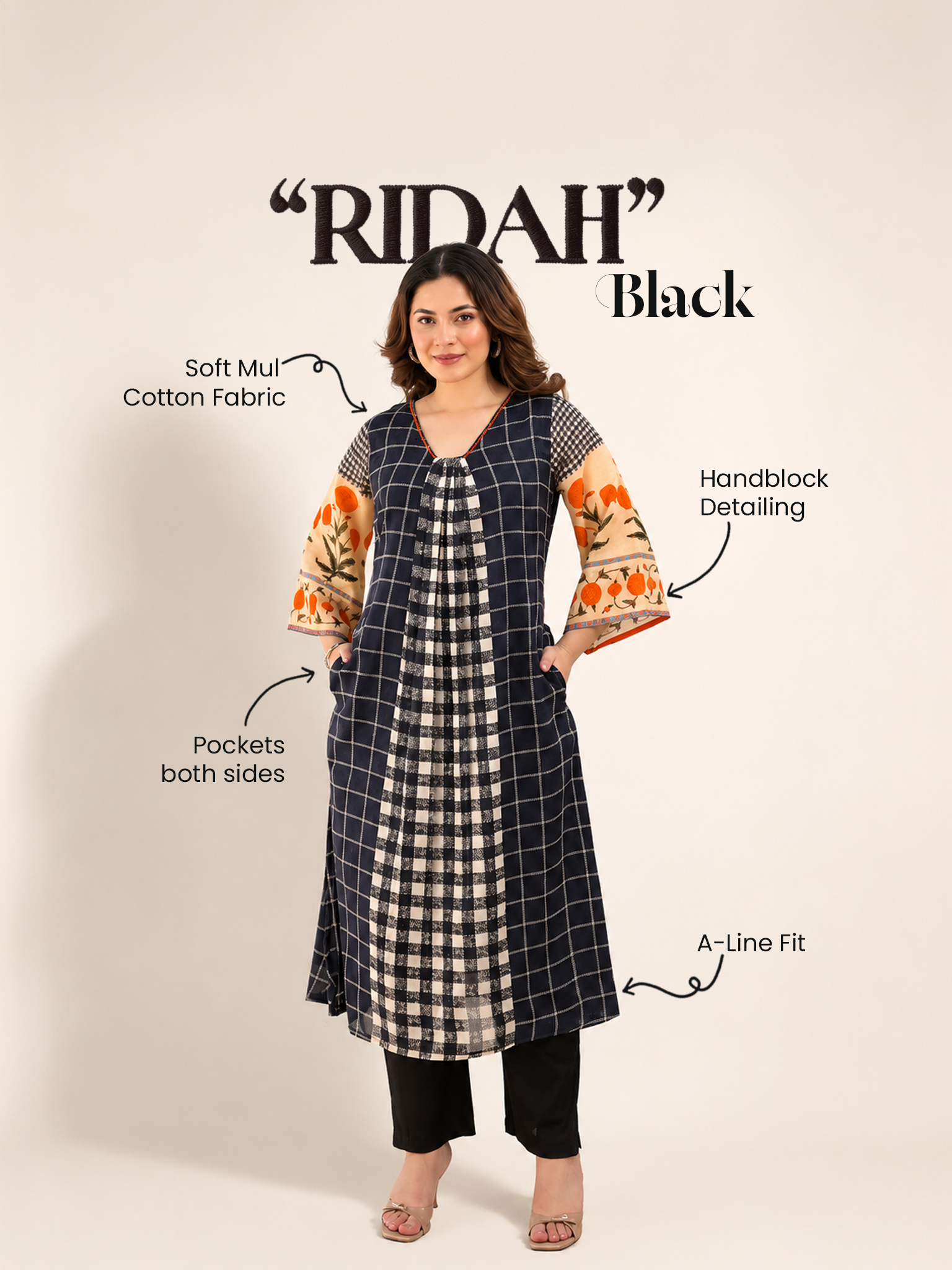 Ridah Black Mul Cotton Embroidered A-line Kurta Set