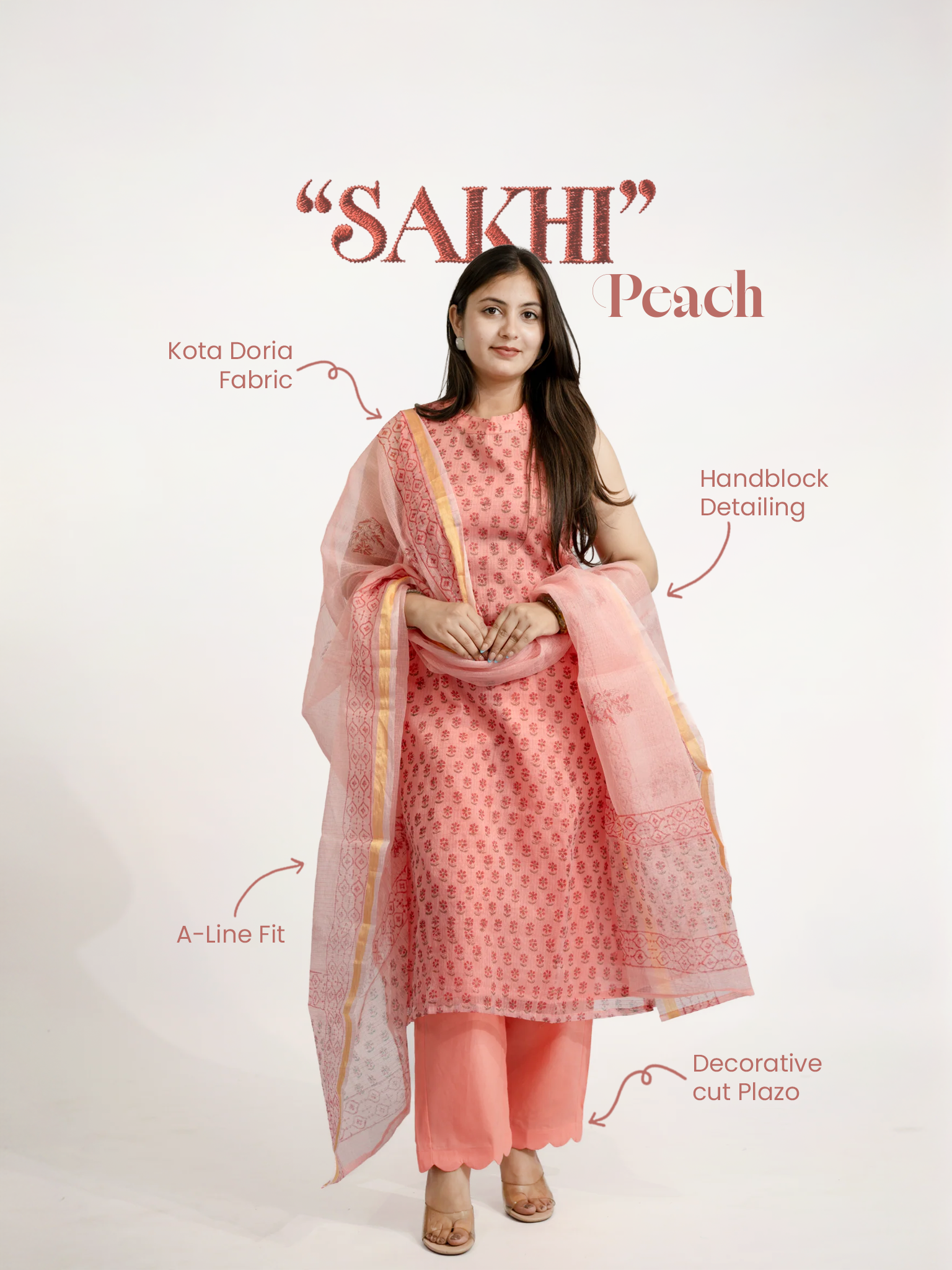 Sakhi Peach Handblock Kota Doria Straight Dupatta Set