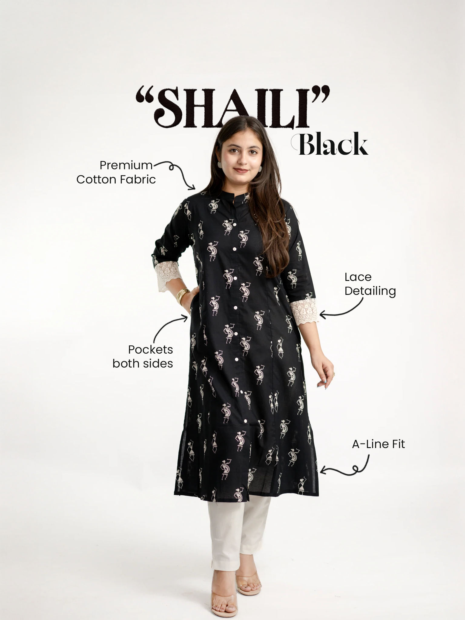 Shaili Black Cotton Casual A-line Kurta