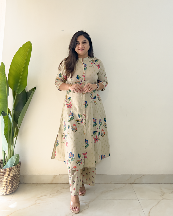 Rosha Beige Floral A-line Cotton Coord Set