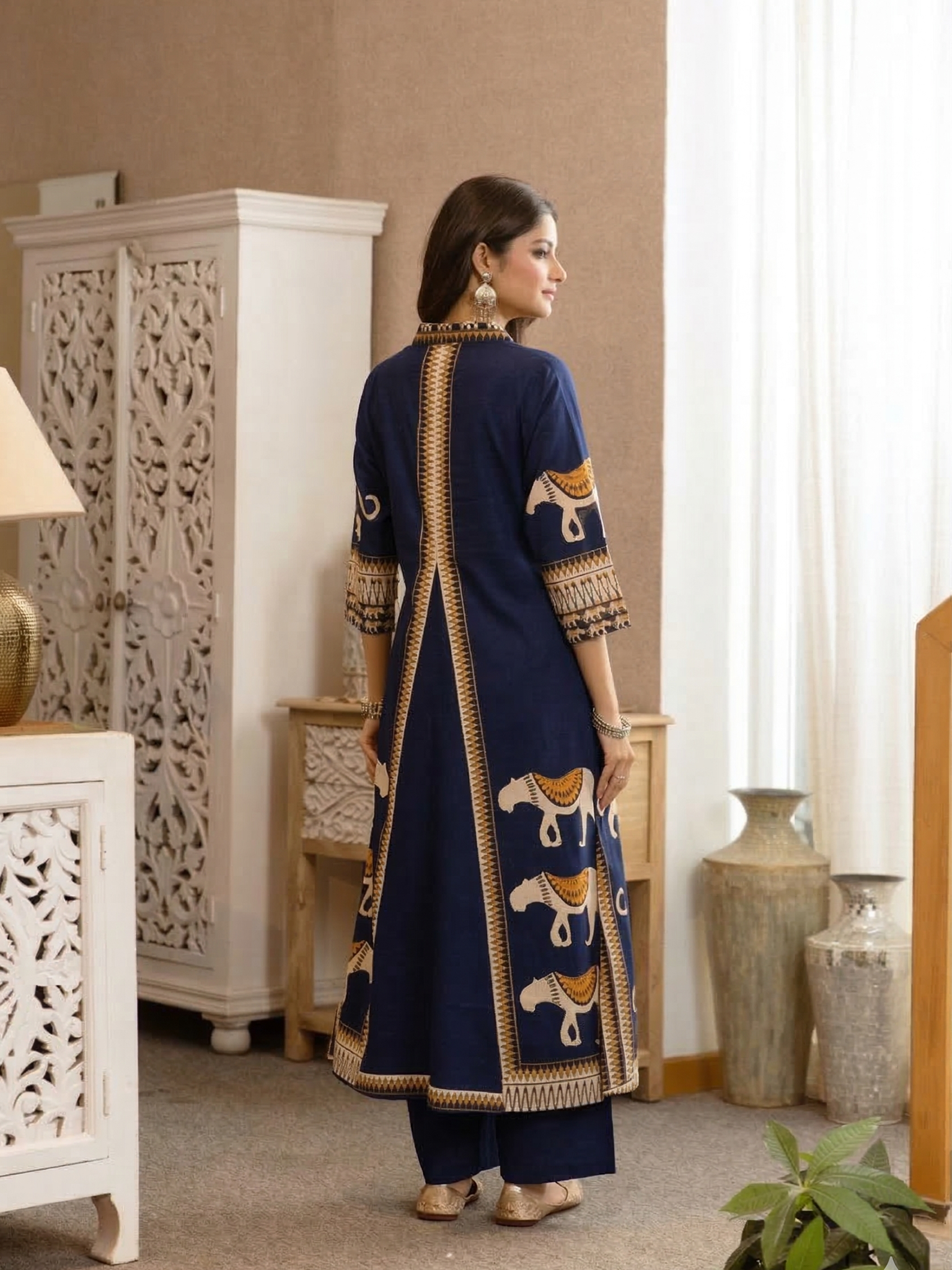 Kiara Blue Tribal Bagh Cotton BeadWork Kurta Set