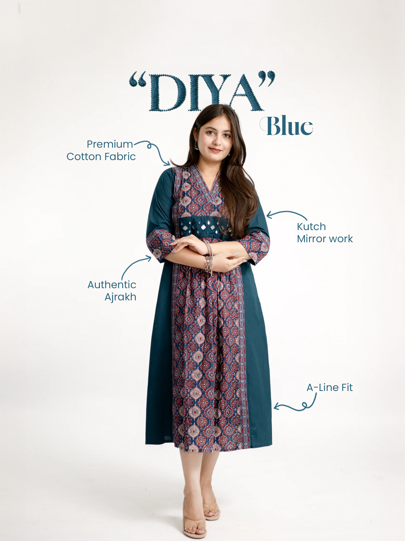 Diya Blue Cotton Ajrakh Kutch Embroidered A-line Kurta