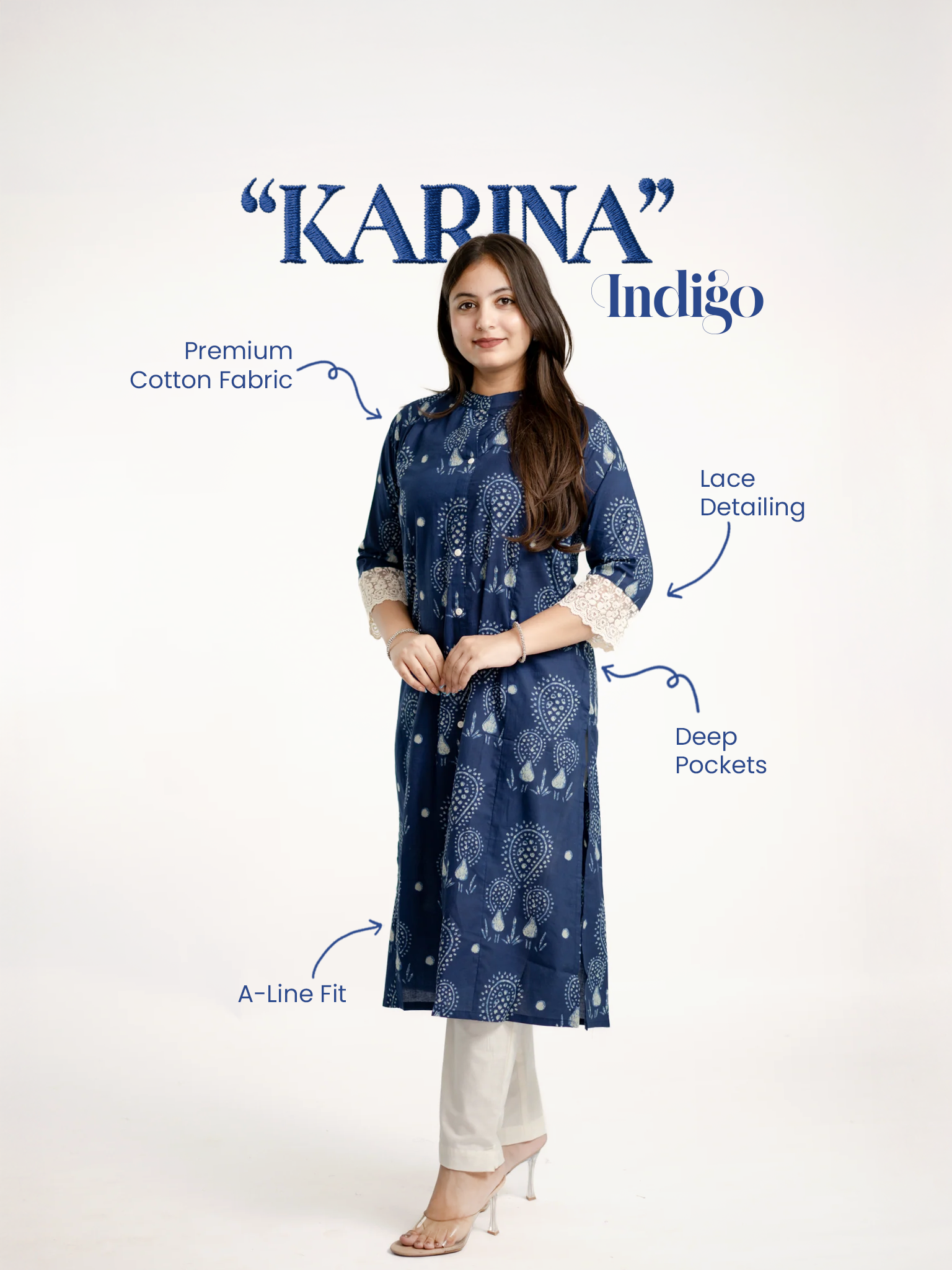 Karina Indigo Blue Cotton Casual A-line Kurta
