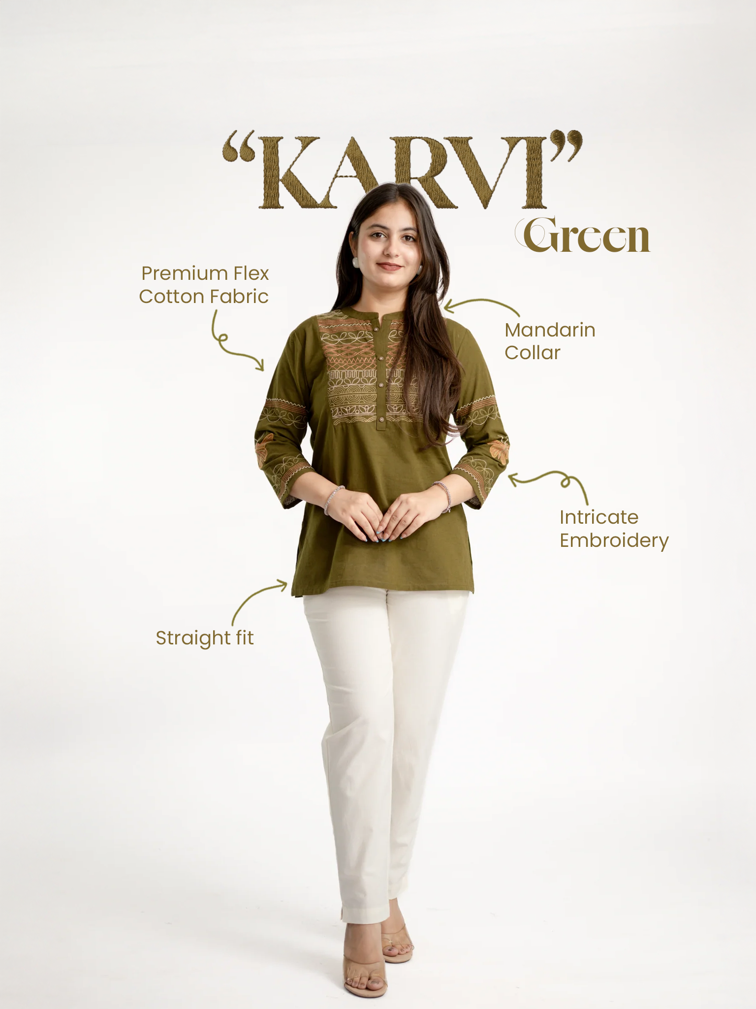 Karvi Green Cotton Embroidered Short Top