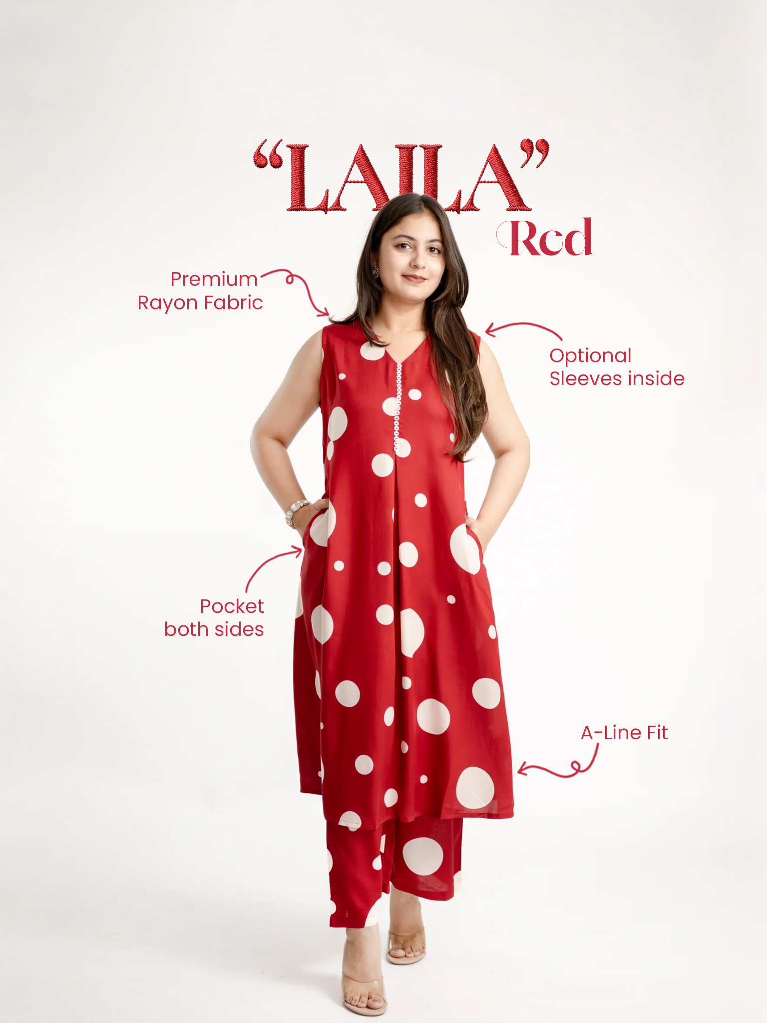 Laila Red Polka Rayon A-line Coord Set