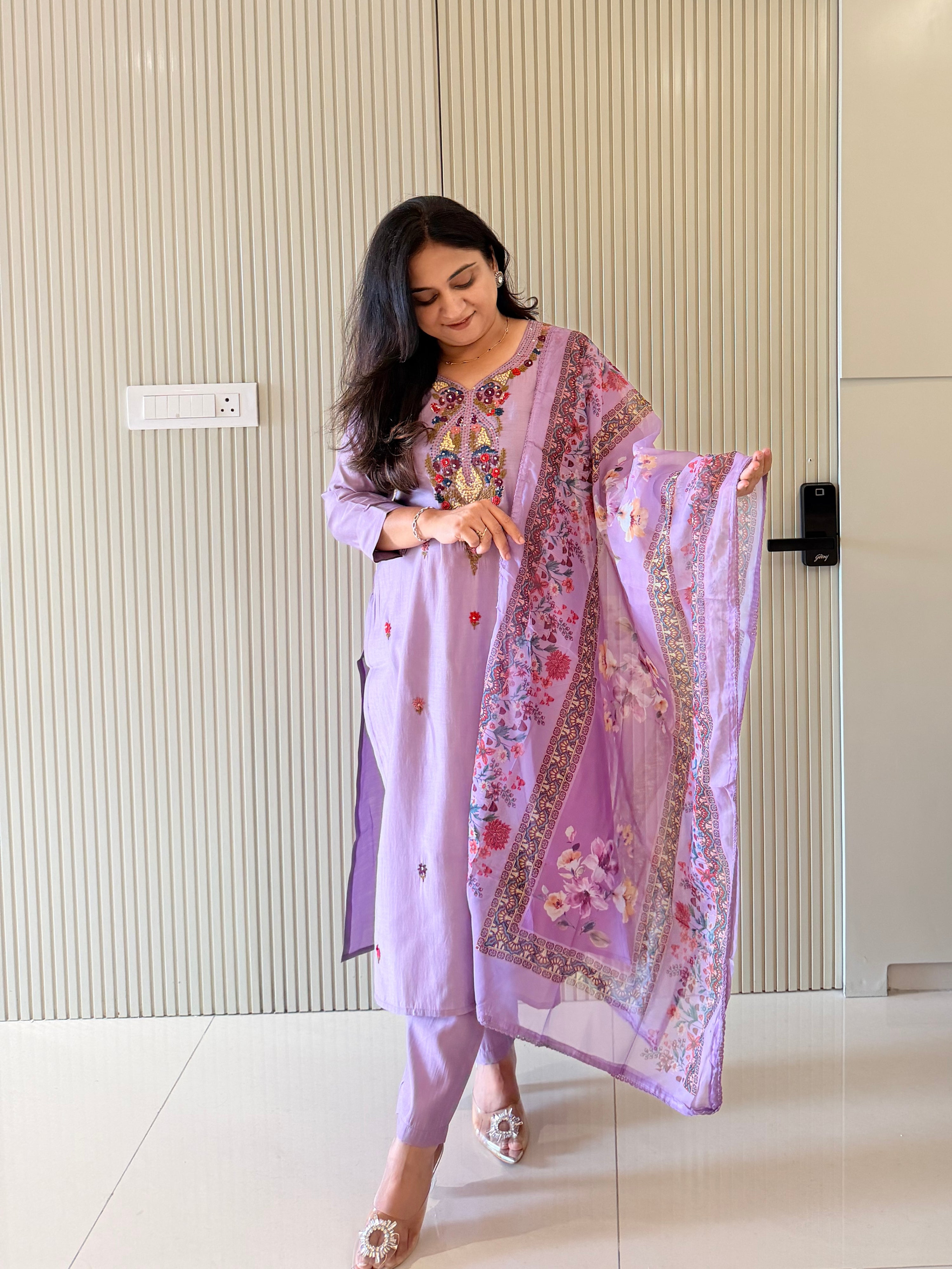 Rubina Lilac Modal Silk HandEmbroidered Dupatta Set