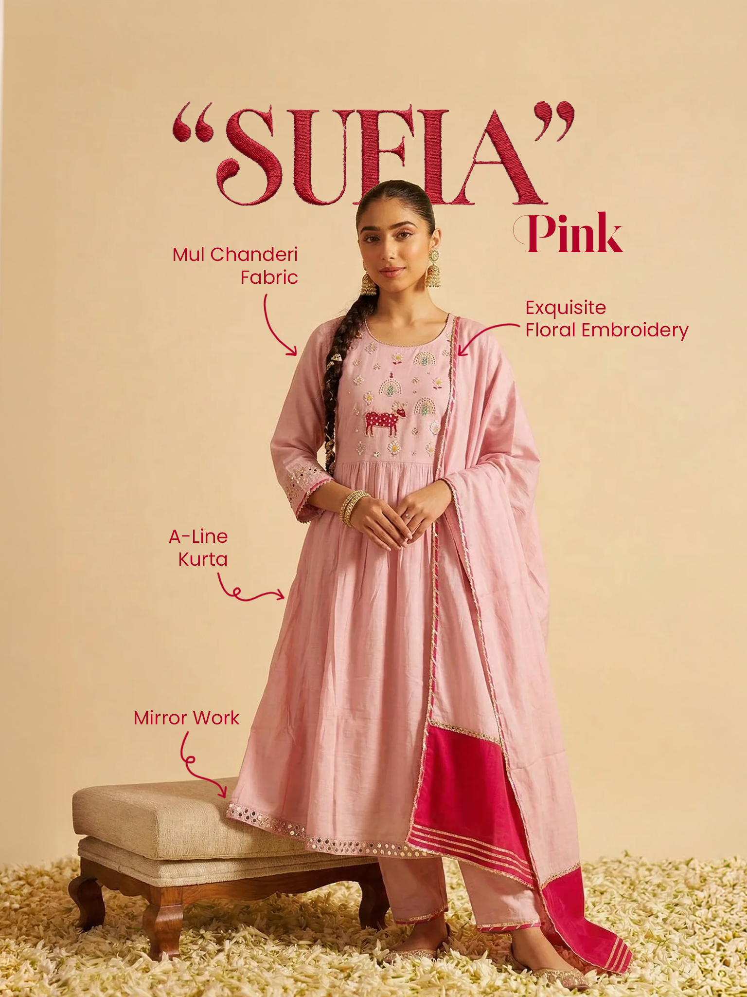 Sufia Pink Mul Chanderi HandEmbroidered A-line Dupatta Set