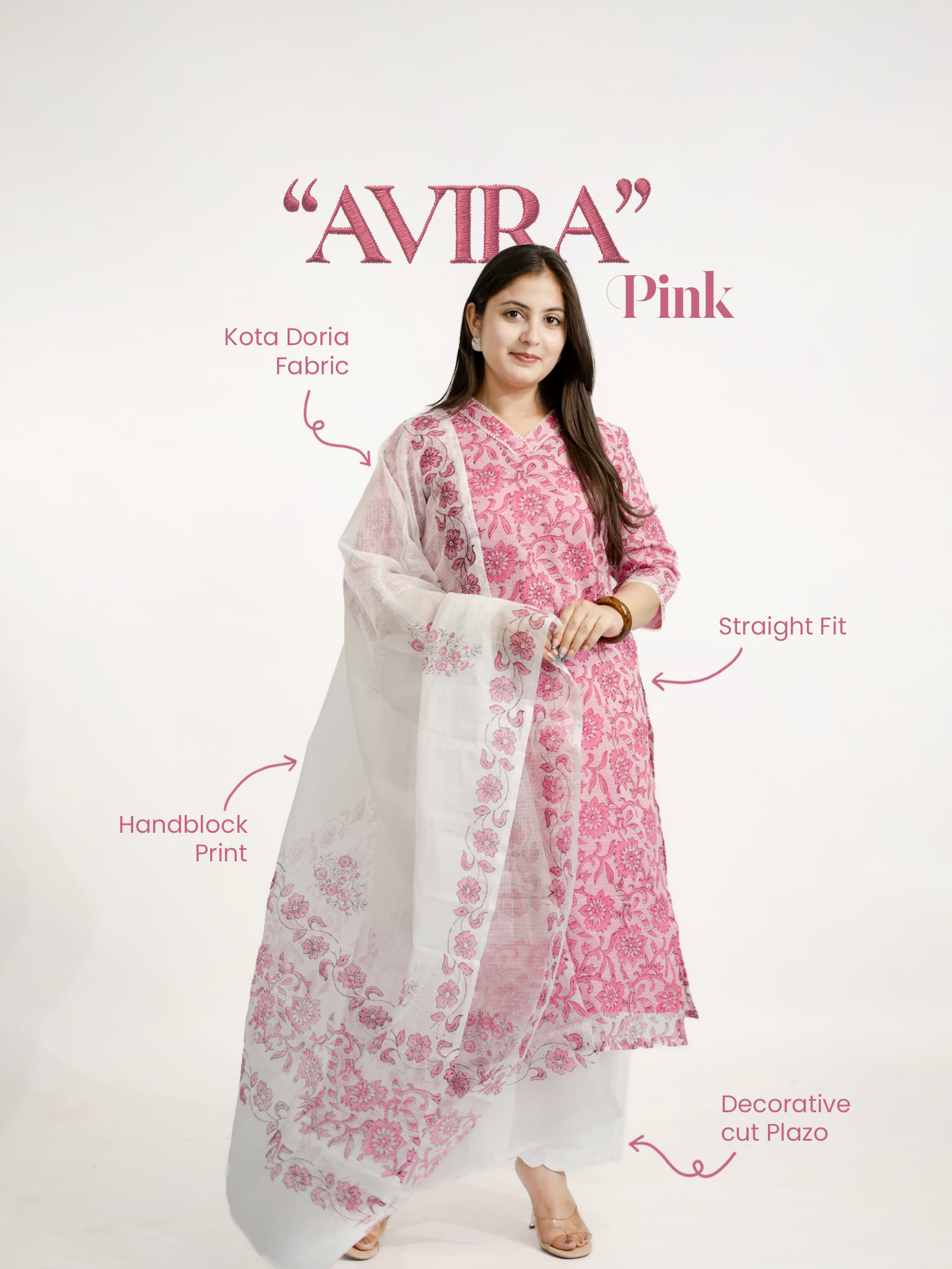 Avira Kota Doria Handblock Straight Dupatta Set