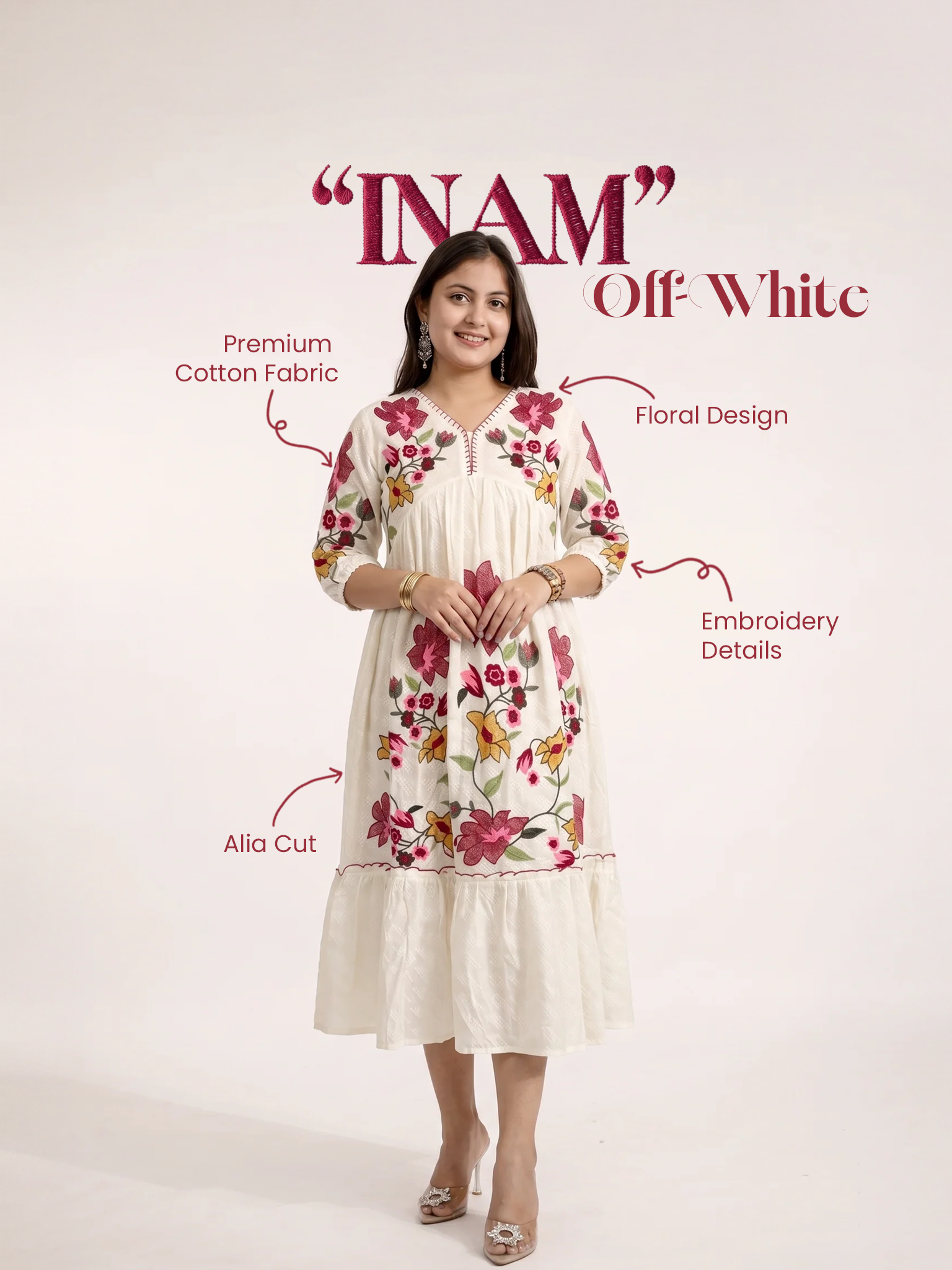 Inam Cotton Floral Embroidered Alia Long Dress