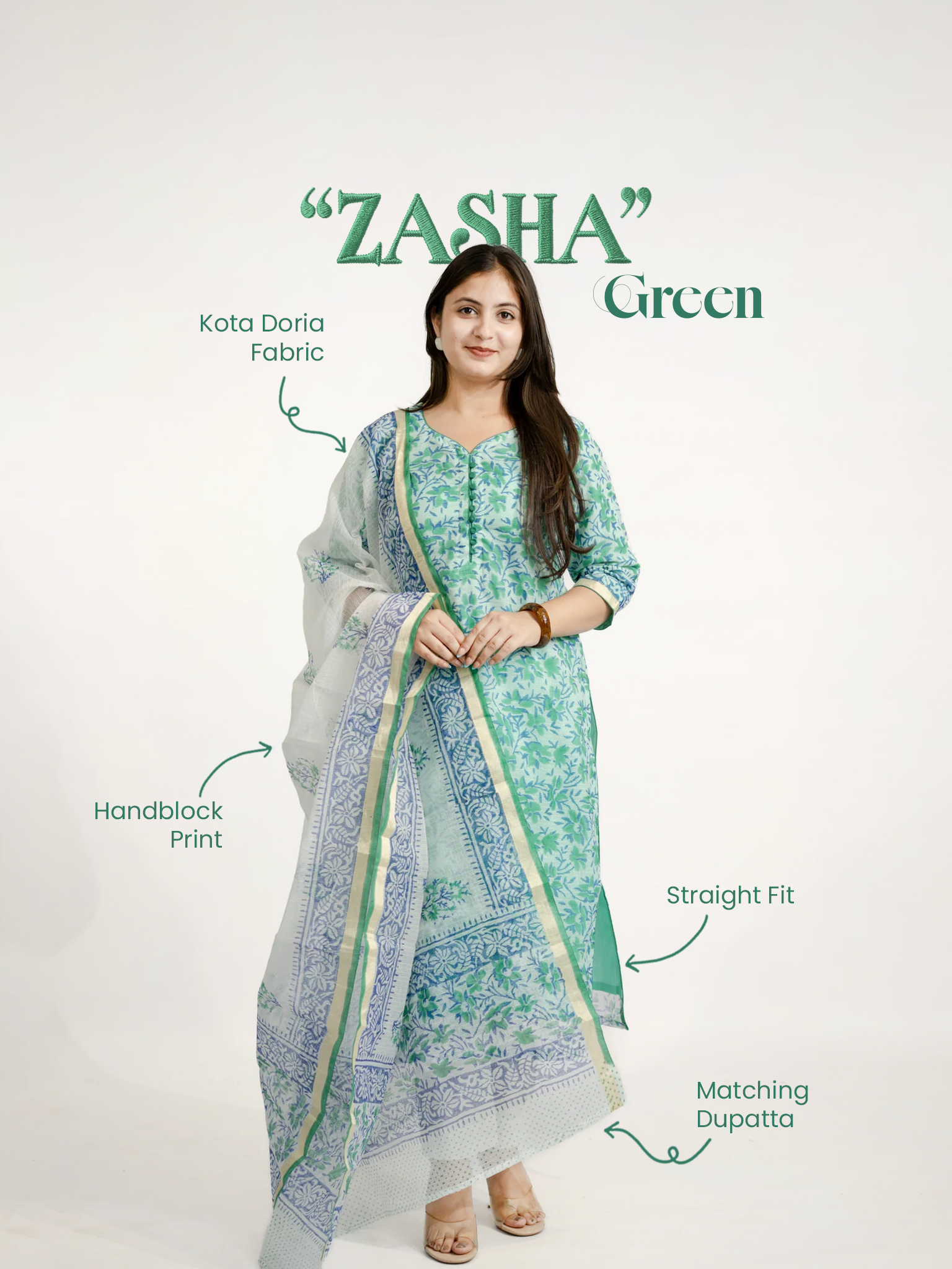 Zasha Kota Doria Handblock Straight Dupatta Set