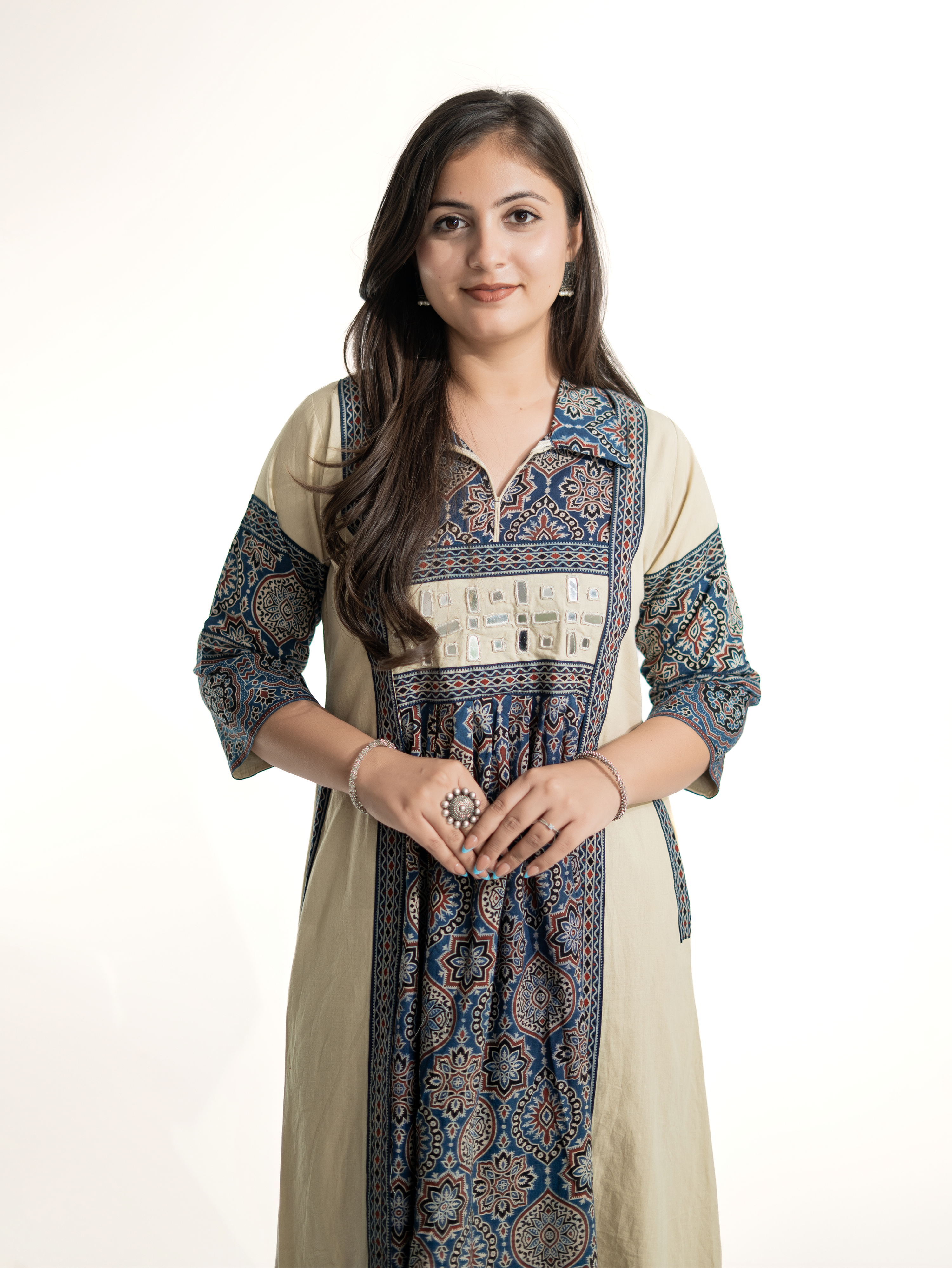 Zasha OffWhite Cotton Ajrakh Kutch Embroidered A-line Kurta